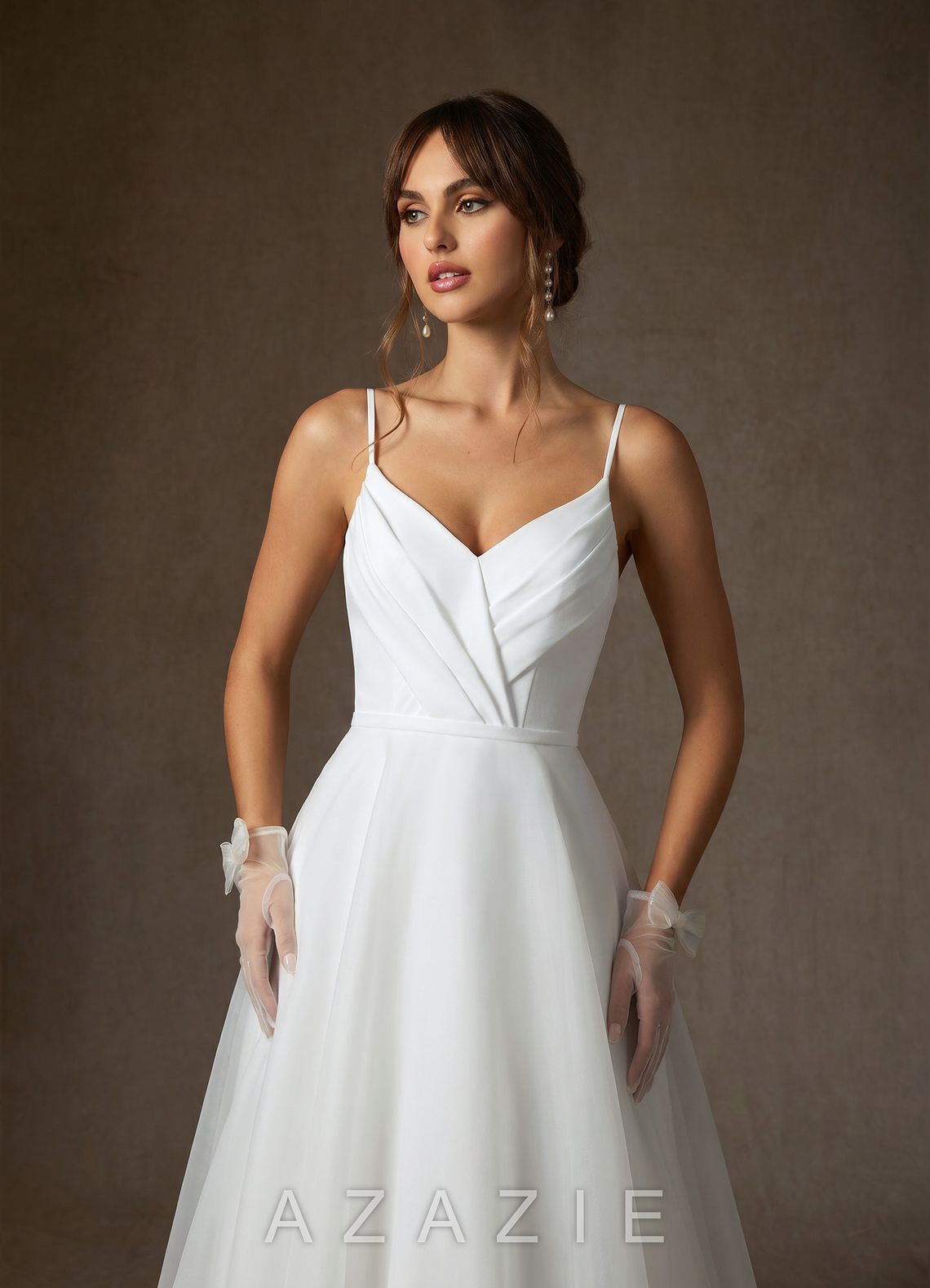 Azazie Ardea Wedding Dress Diamond White A-Line V-Neck Pleated Stretch Crepe Dress diamond_white