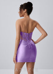 Muriel Purple Strapless Floral Lace Corset Slit Satin Mini Dress