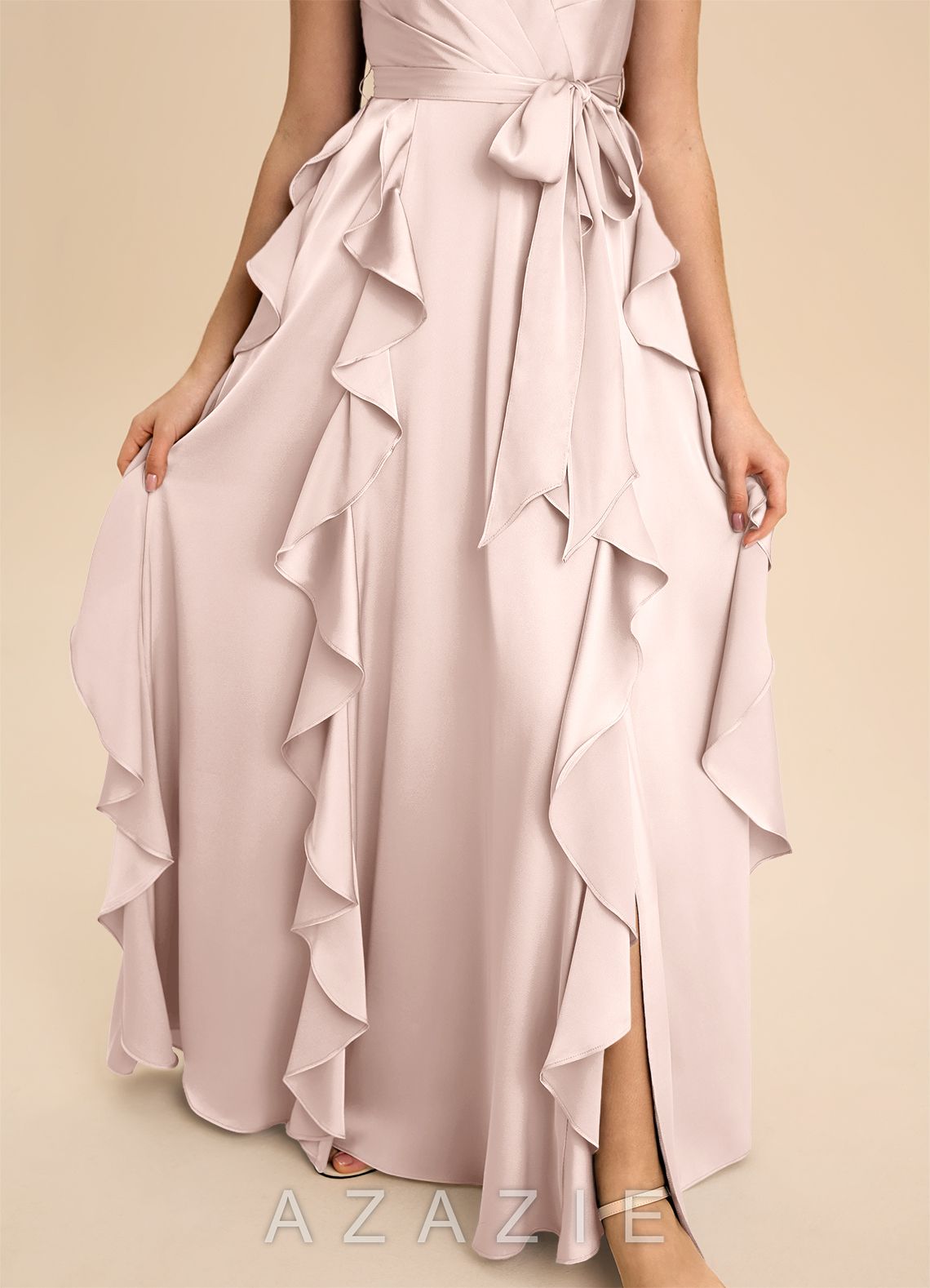 Azazie Peyton Junior Blushing Pink A-Line Pleated Stretch Satin Dress blushing_pink
