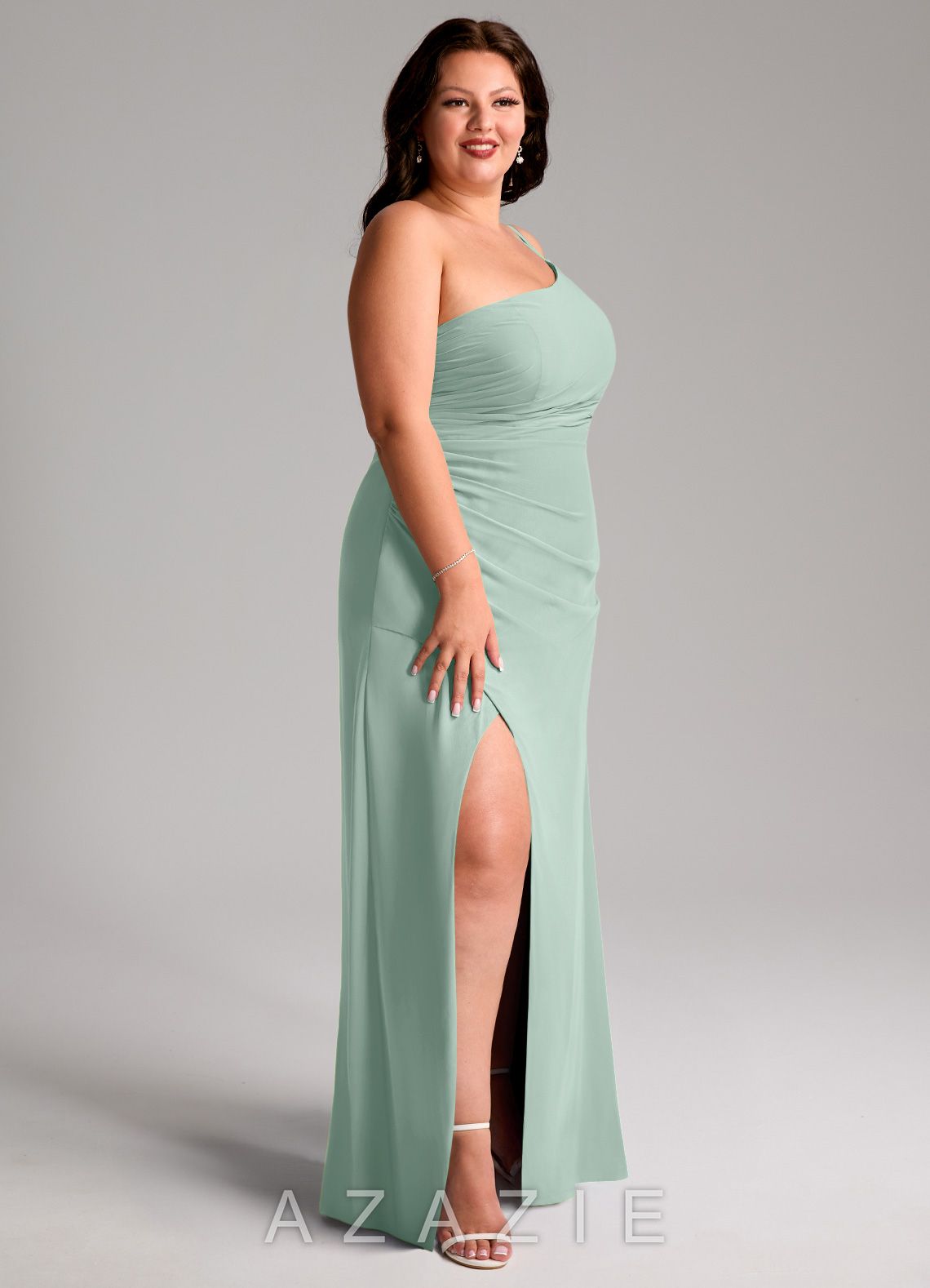 Azazie Eren Agave Sheath One Shoulder Chiffon Dress agave