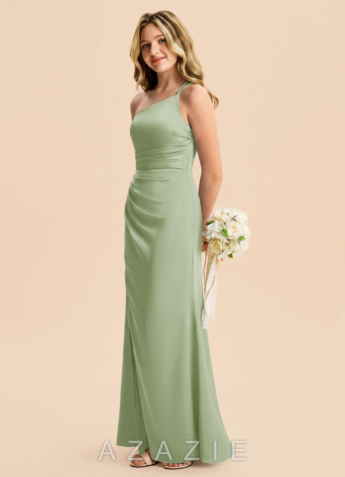 Azazie Eren Junior Dusty Sage Sheath Pleated Stretch Satin Dress