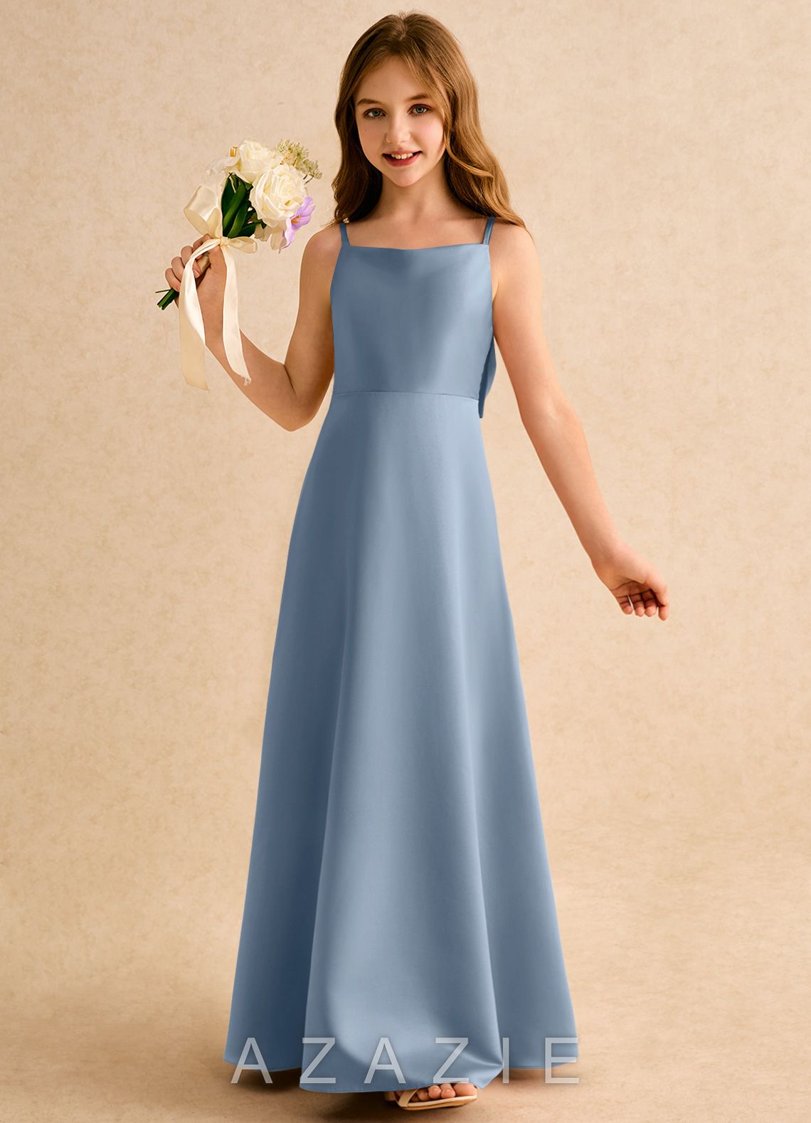Azazie Joella Girls Formal Dusty Blue A-Line Pleated Matte Satin Dress dusty_blue