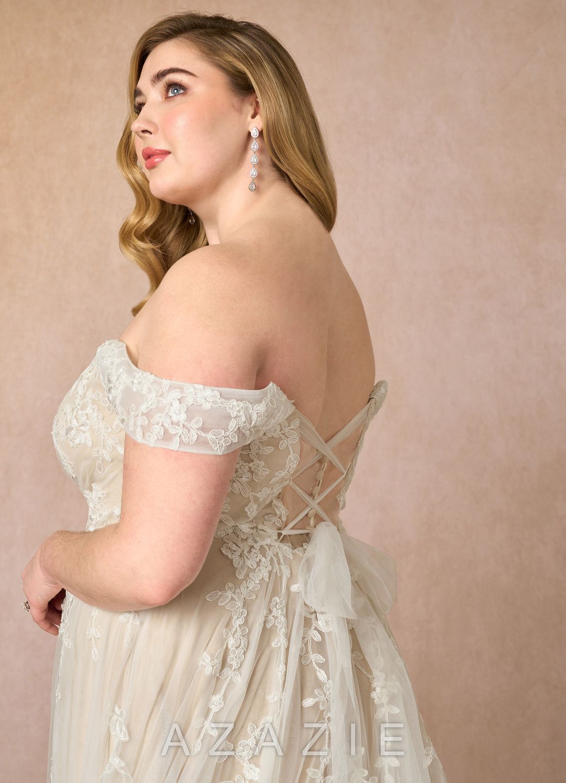 Azazie Botanica Wedding Dress Diamond White Champagne A-Line Off the Shoulder Tulle Dress diamond_white/champagne
