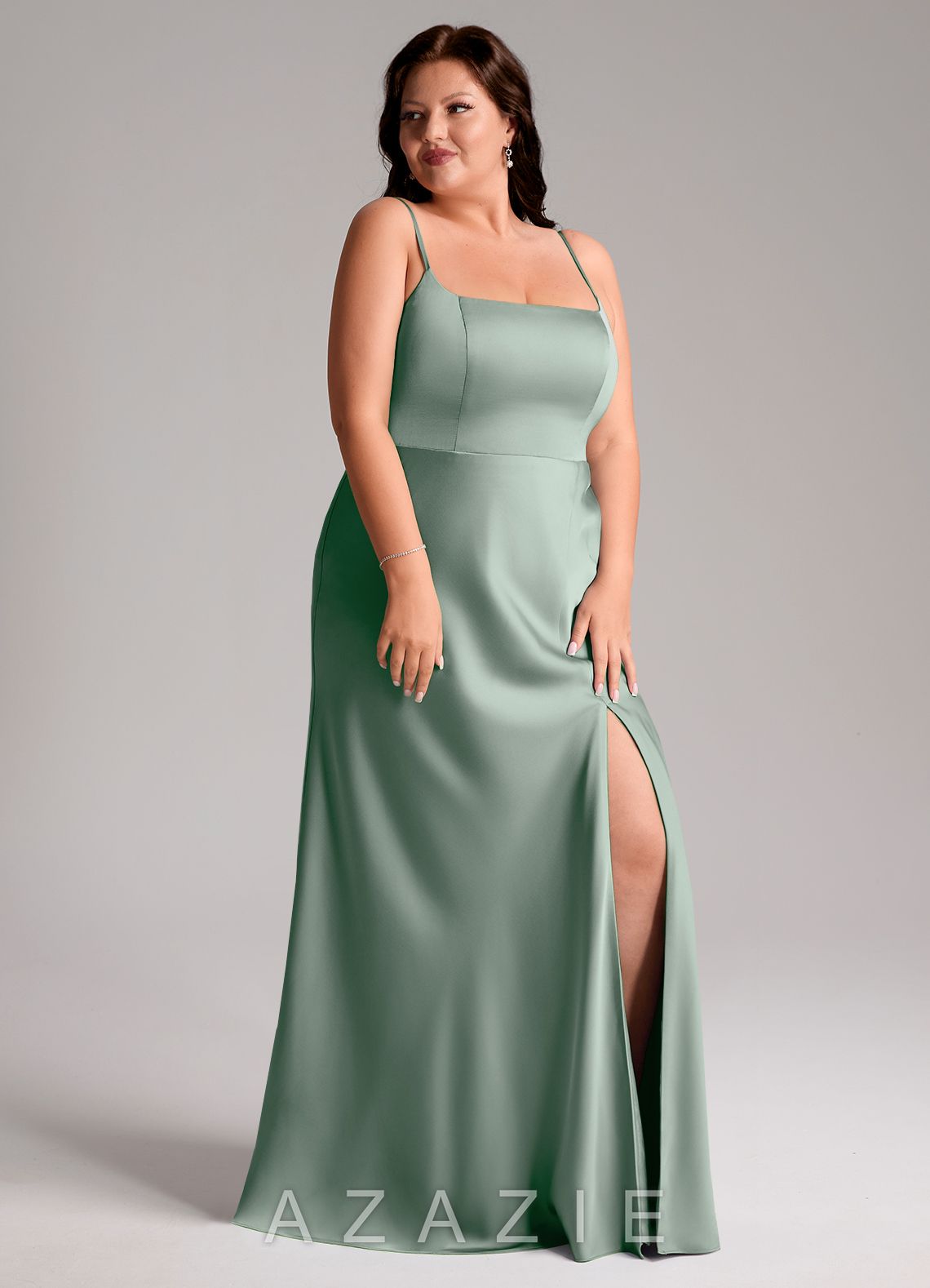 Azazie Lidia Agave Mermaid Side Slit Stretch Satin Dress agave