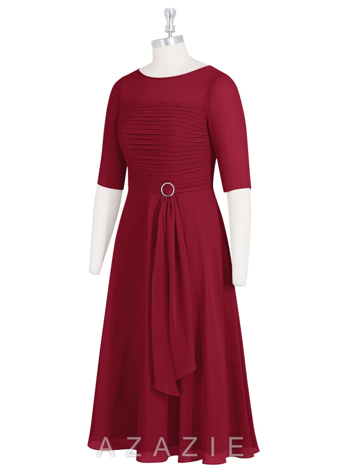 Azazie Naomi Burgundy A-Line Boatneck Pleated Chiffon Dress burgundy