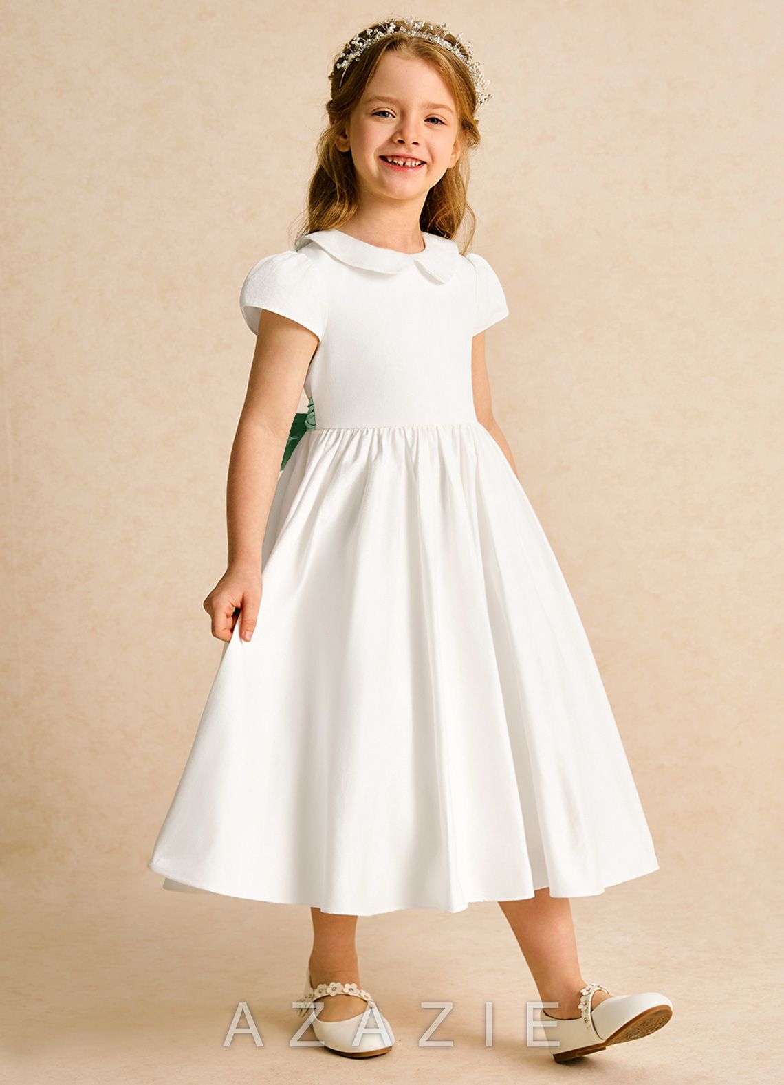Azazie Deary Ivory Agave A-Line Bow Cotton Dress ivory/agave