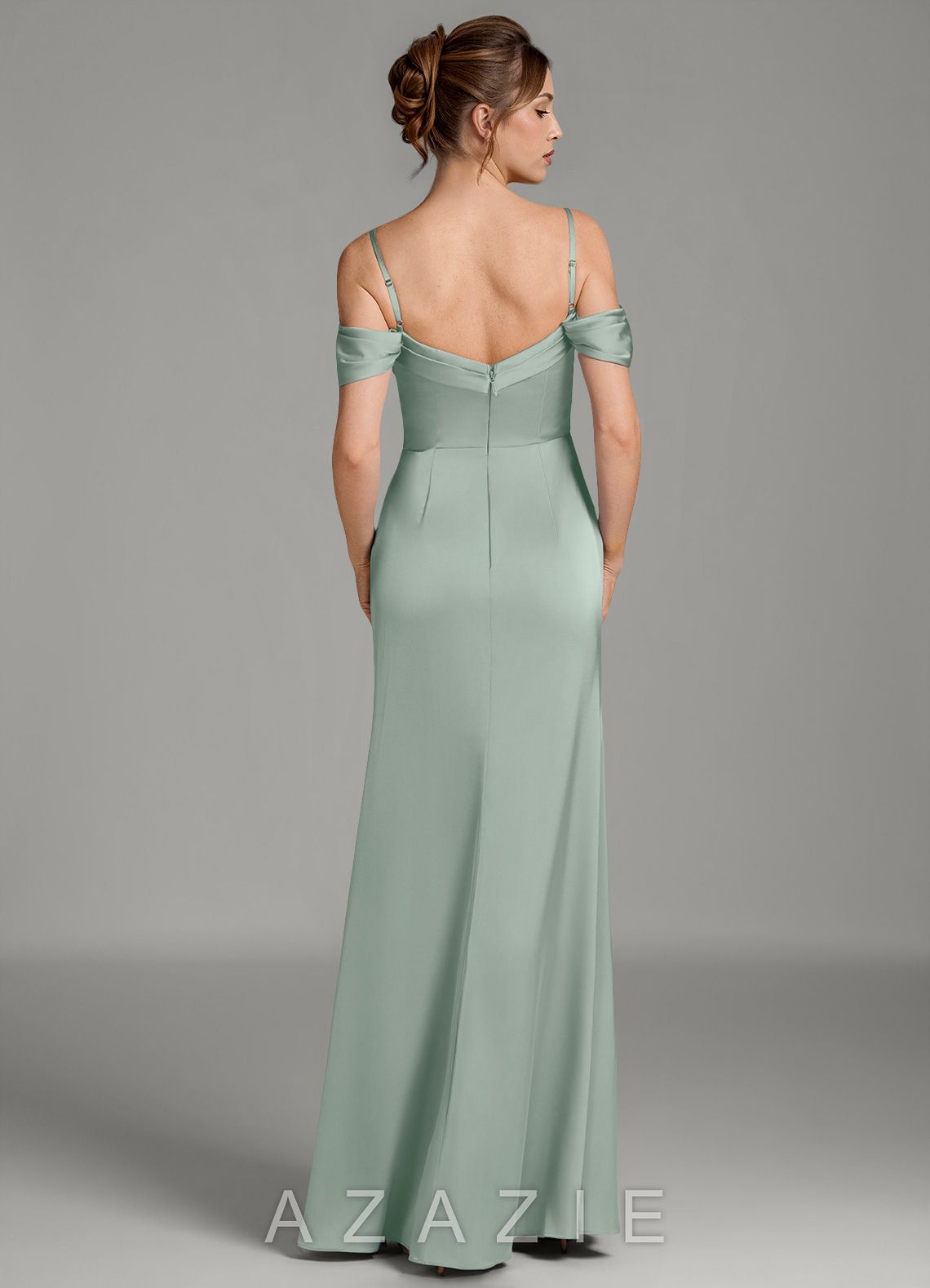 Azazie Wyatt Agave Mermaid Off the Shoulder Stretch Satin Dress agave