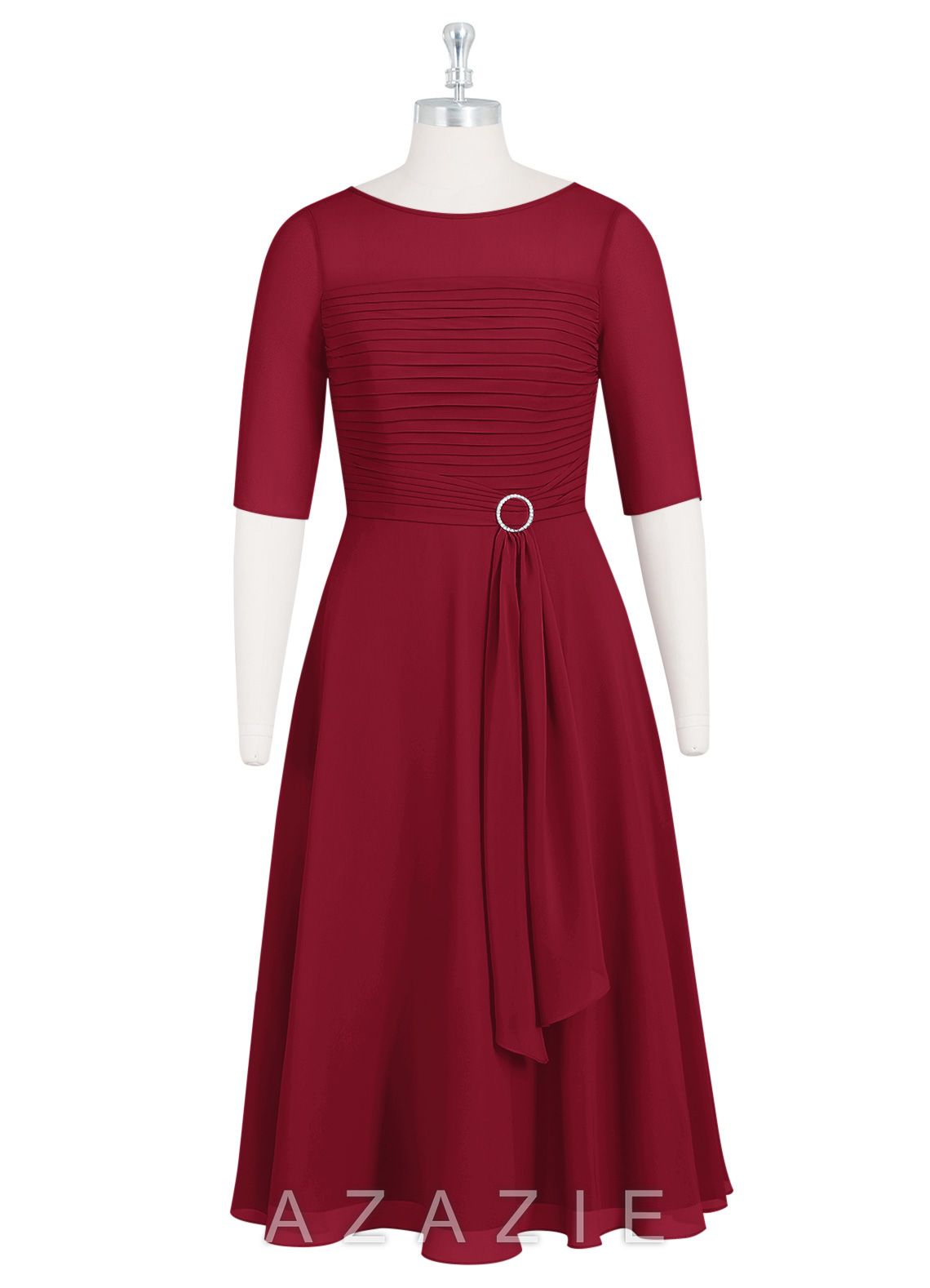 Azazie Naomi Burgundy A-Line Boatneck Pleated Chiffon Dress burgundy