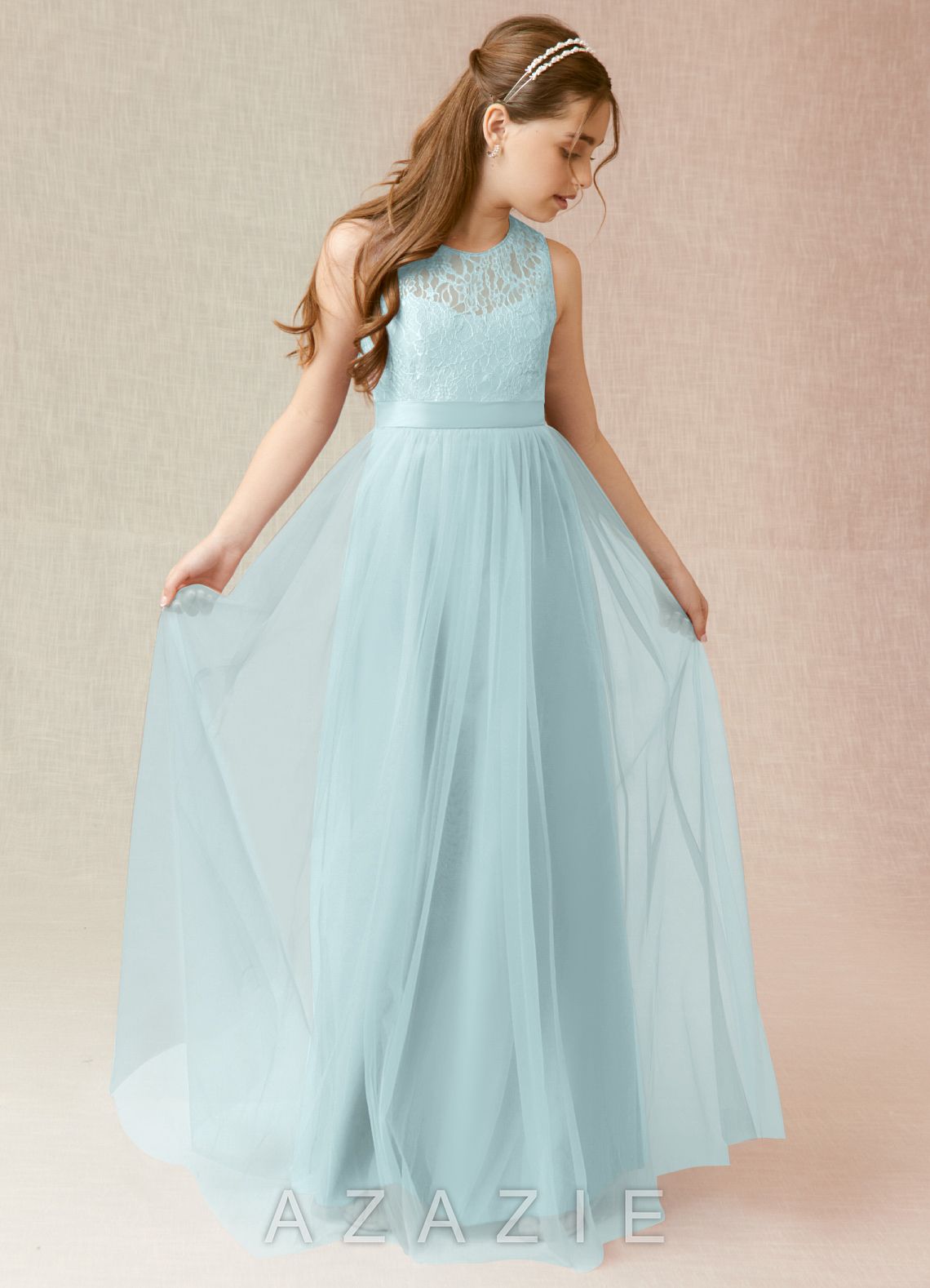 Azazie Georgette Junior Mist A-Line Lace Tulle Dress