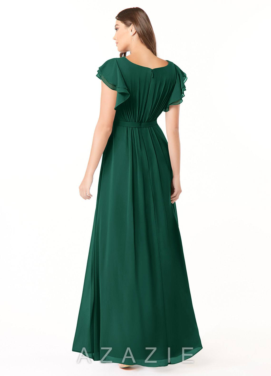 Azazie Daphne A-Line Ruffled Chiffon Floor-Length Dress emerald