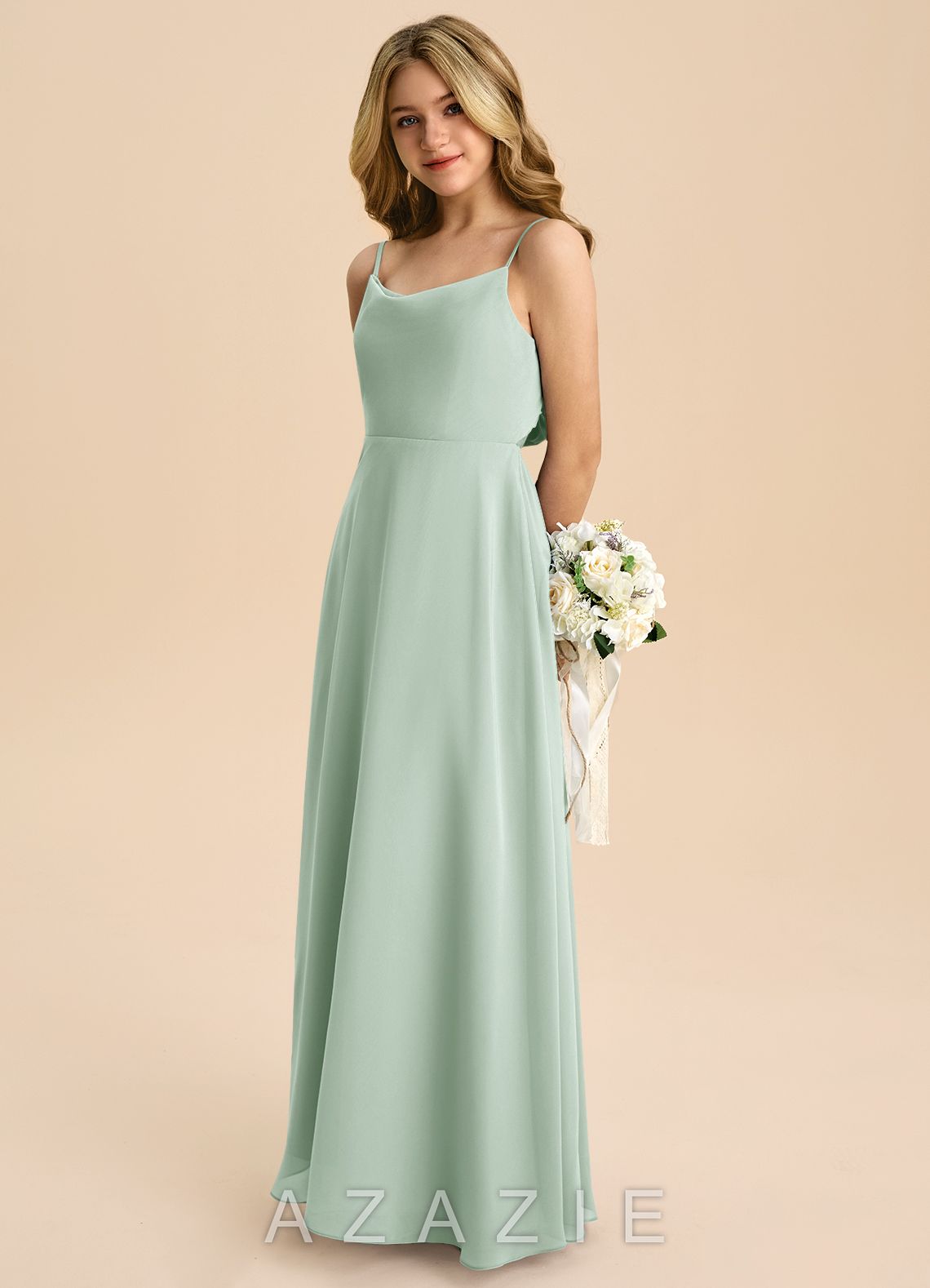 Azazie Shale Junior Agave A-Line Bow Chiffon Dress