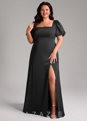 Azazie Fyona Black A-Line Pleated Stretch Satin Dress black