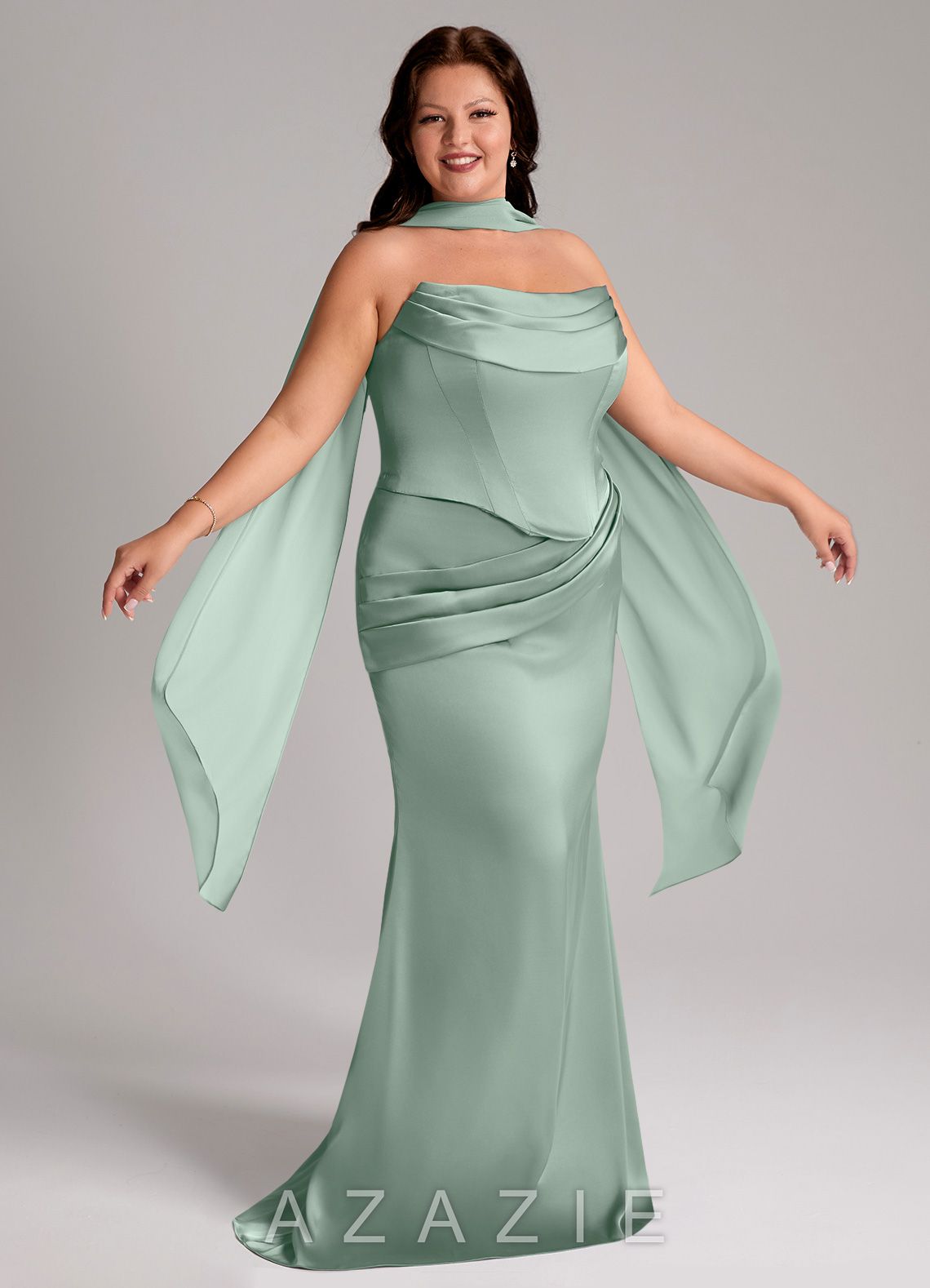 Azazie Sorrel Agave Mermaid Strapless Stretch Satin Convertible Dress agave