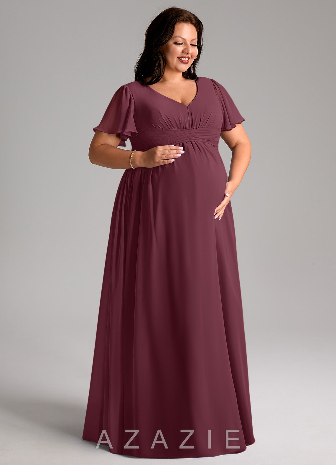 Azazie Verna A-Line V-Neck Ruched Chiffon Floor-Length Dress