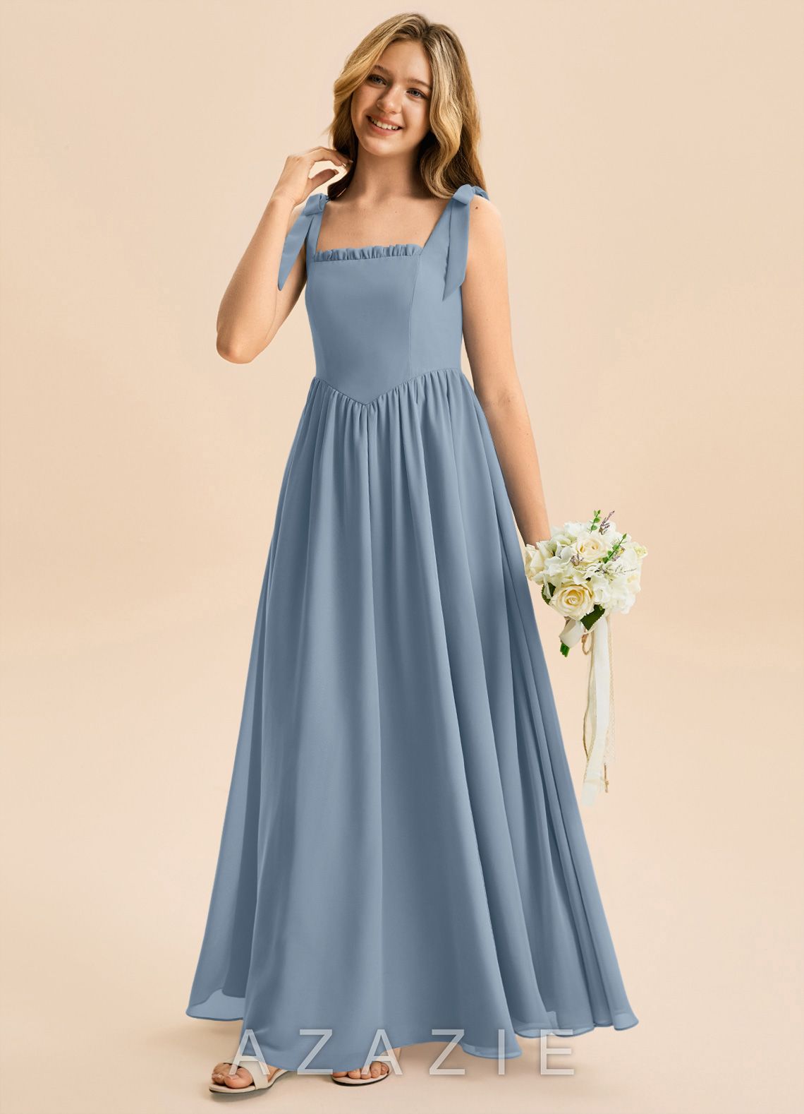 Azazie Delia Junior Dusty Blue A-Line Bow Chiffon Dress dusty_blue