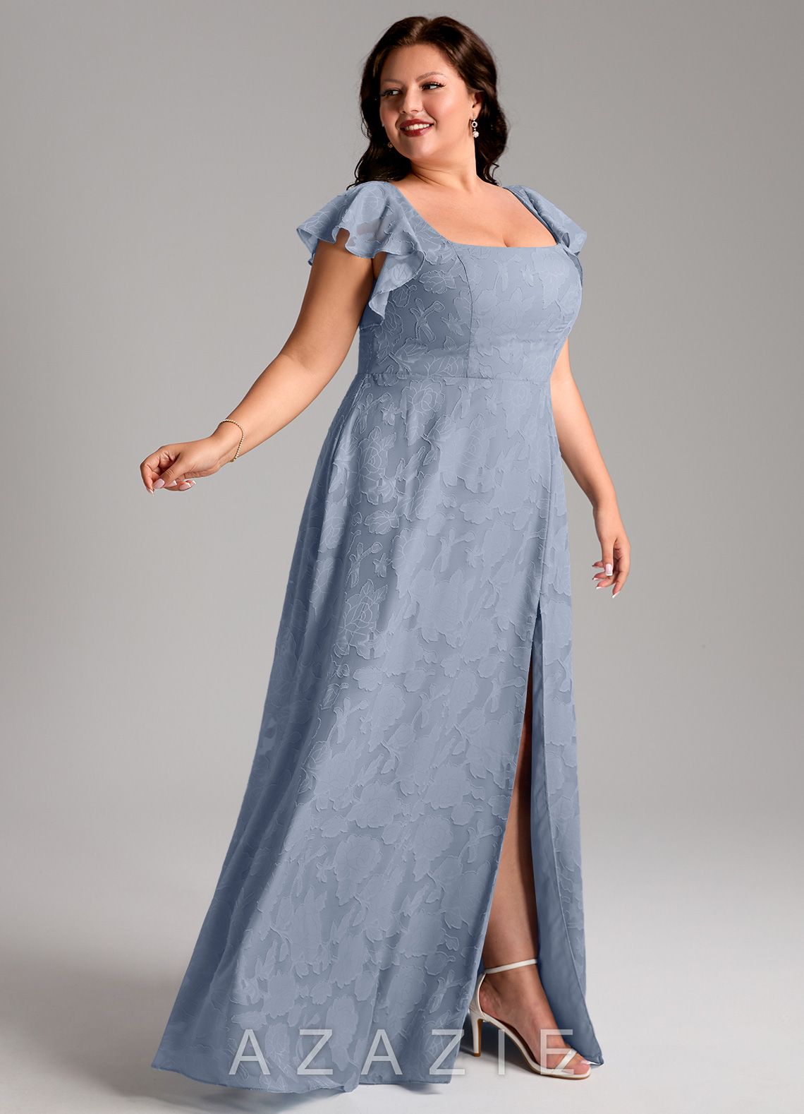 Azazie Bondi Dusty Blue A-Line Side Slit Floral Burnout Dress dusty_blue