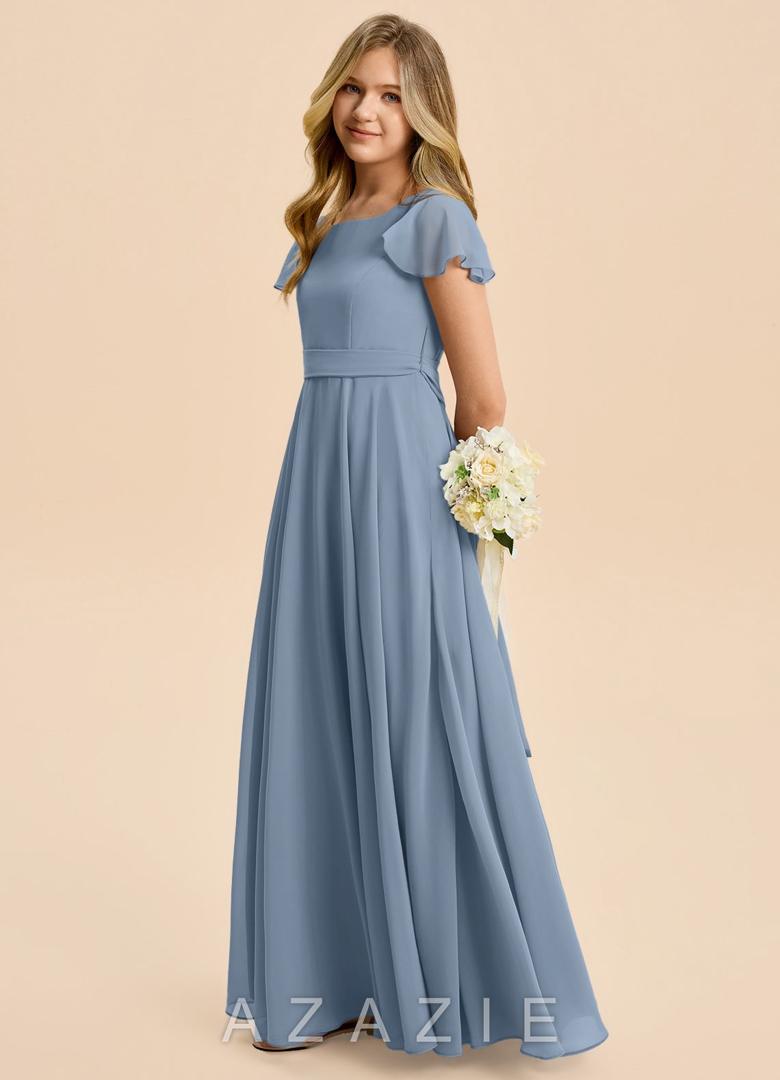 Azazie Cady Junior Dusty Blue A-Line Pleated Chiffon Dress dusty_blue