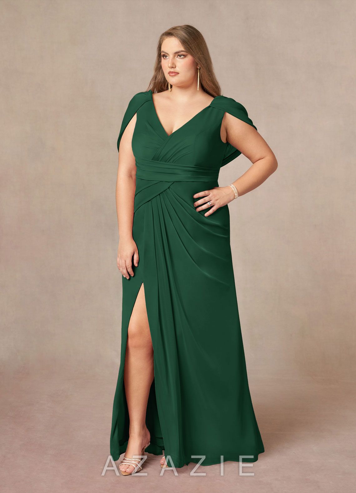 Azazie Luisa Dark Green Mermaid V-Neck Pleated Mesh Dress dark_green