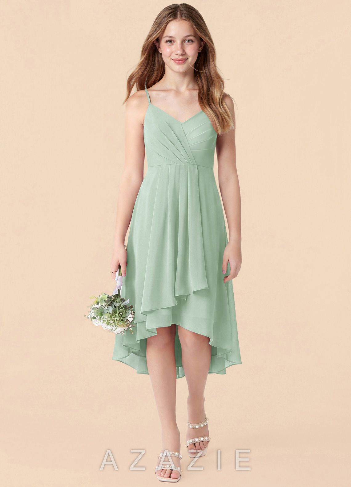 Azazie Mariam Junior Agave A-Line Pleated Chiffon Dress