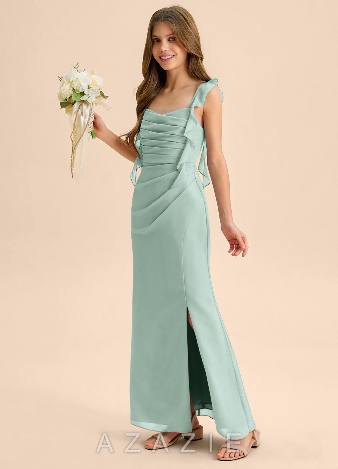 Azazie Jessamine Junior Agave Mermaid Sweetheart Neckline Chiffon Dress agave