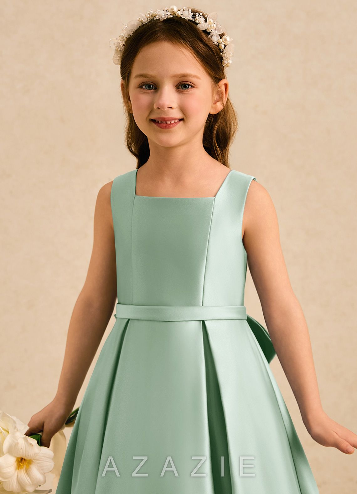 Azazie Josie Agave A-Line Pleated Matte Satin Dress agave