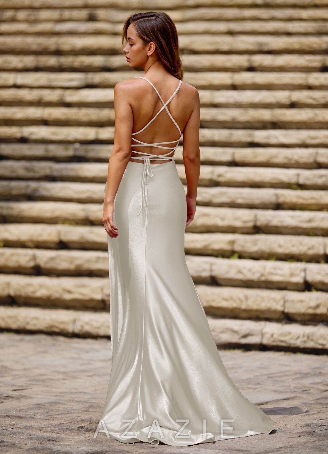 Luminous White Spaghetti Straps Stretch Satin Open Back Prom Dress