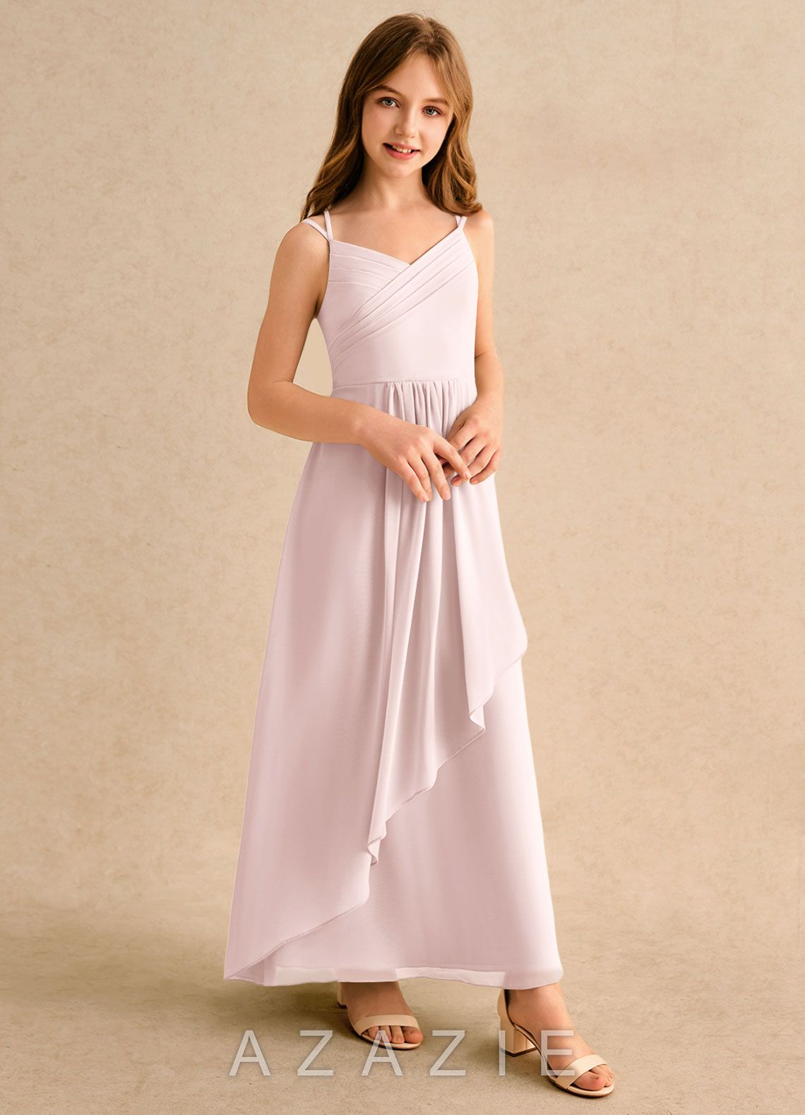 Azazie Zaida Girls Formal Blushing Pink A-Line Pleated Chiffon Dress blushing_pink