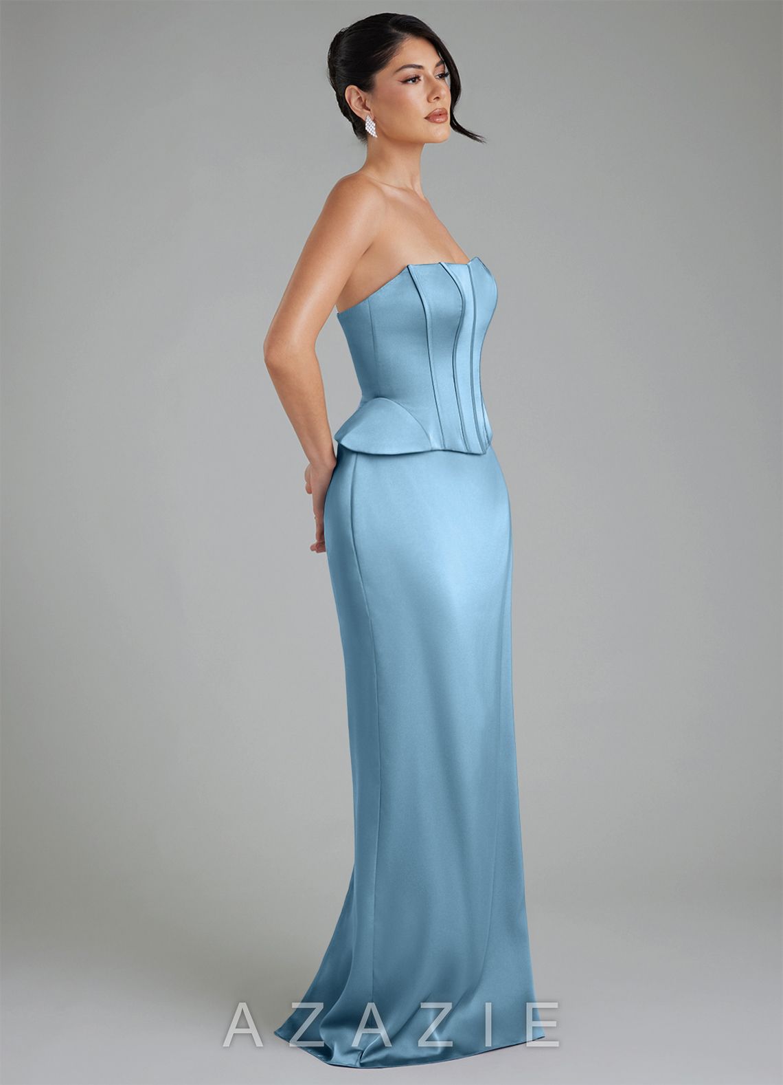 Azazie River Steel Blue Sheath Corset Stretch Satin Convertible Dress steel_blue