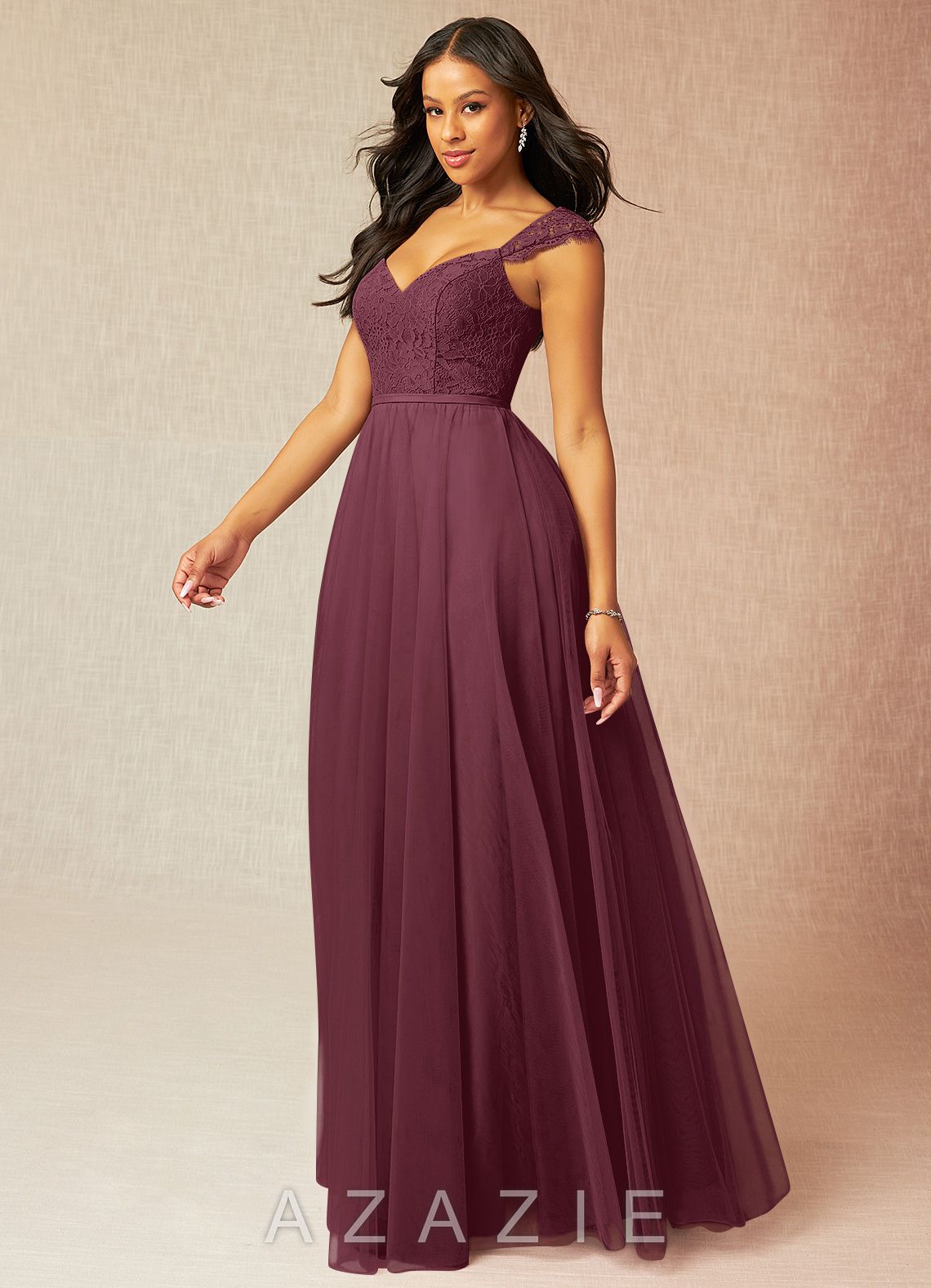 Azazie Luxi Cabernet A-Line Pleated Tulle Dress cabernet
