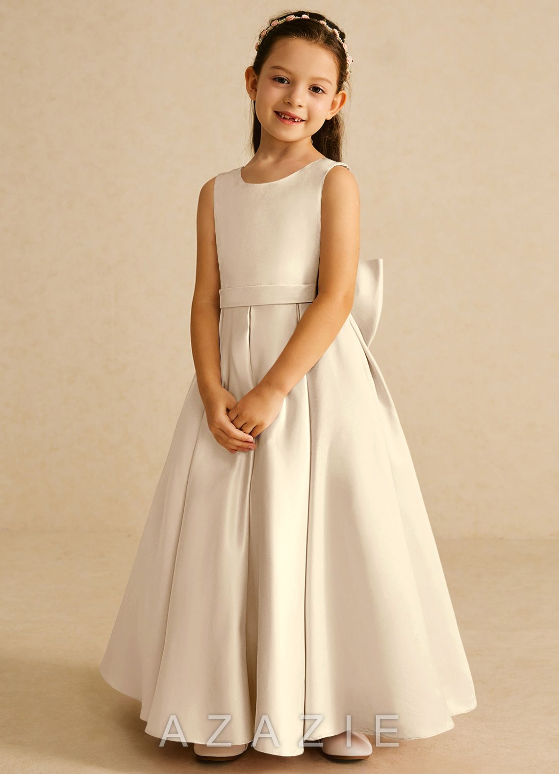Azazie Pipsy Champagne A-Line Bow Matte Satin Dress champagne