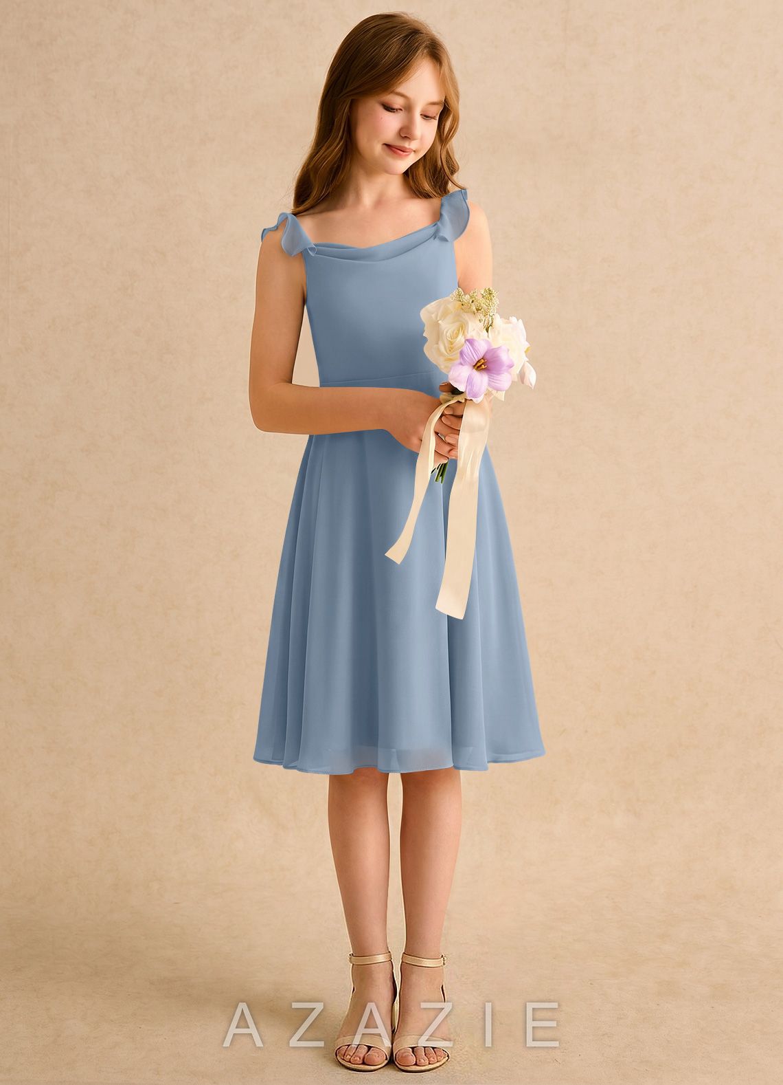 Azazie Pup Girls Formal Dusty Blue A-Line Pleated Chiffon Dress dusty_blue
