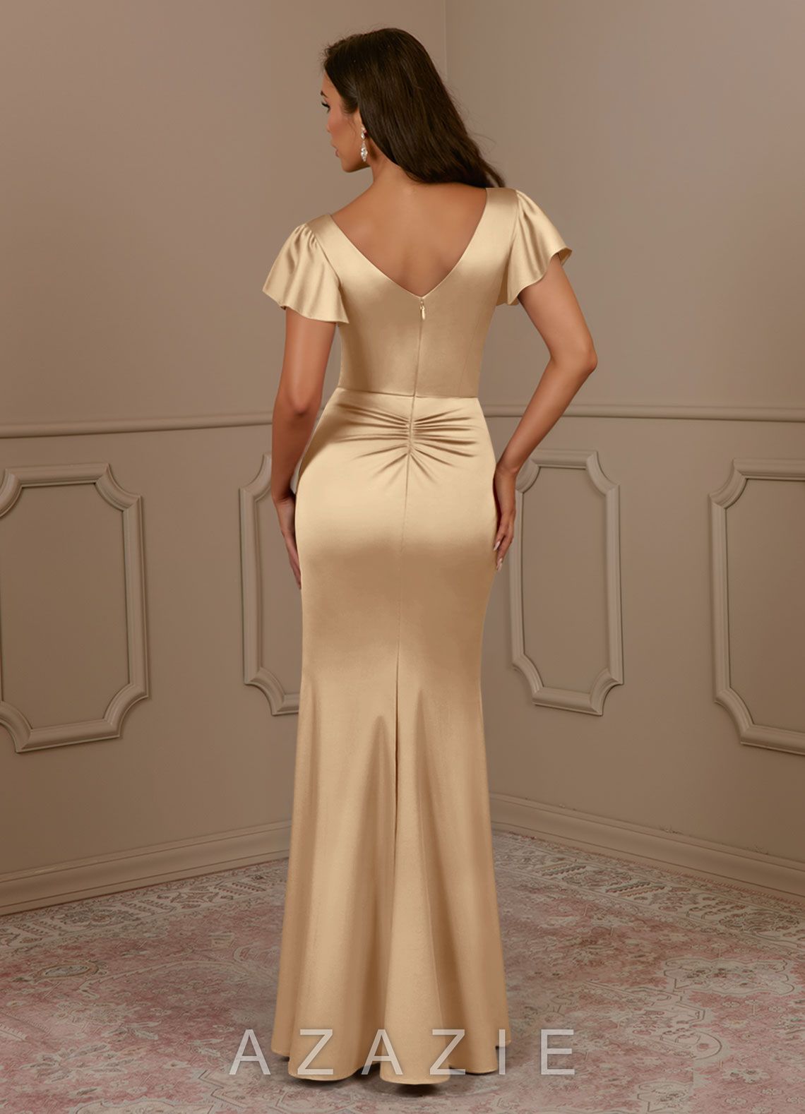 Azazie Roya Champagne Mermaid V-Neck Pleated Stretch Satin Dress champagne