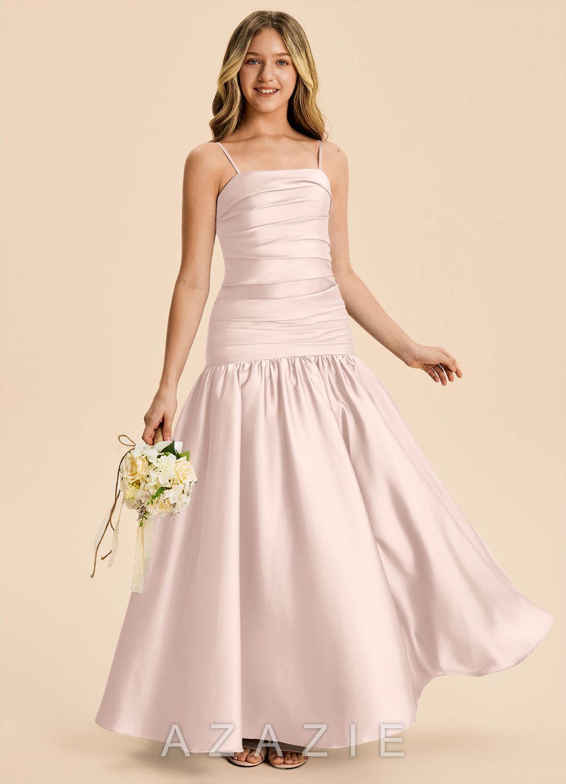 Azazie Romi Junior Blushing Pink A-Line Pleated Stretch Satin Dress blushing_pink