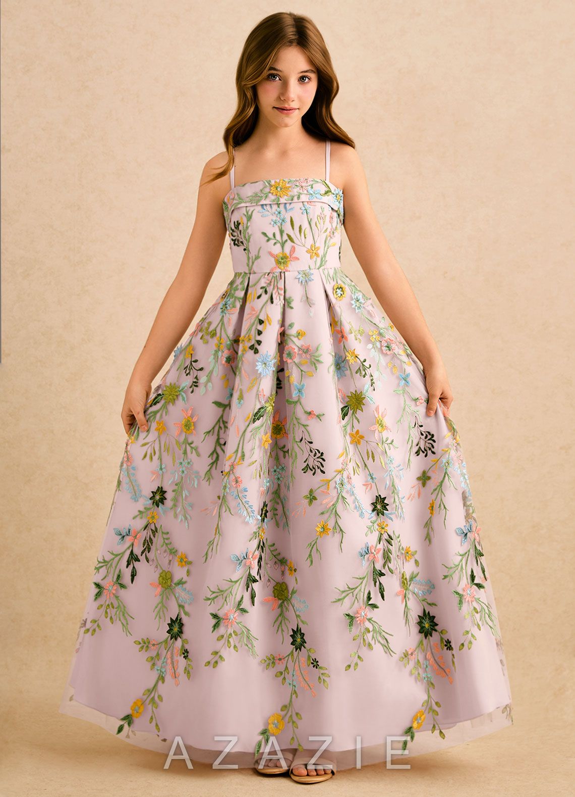 Azazie Lark Girls Formal Blushing Pink A-Line Pleated Lace Dress blushing_pink