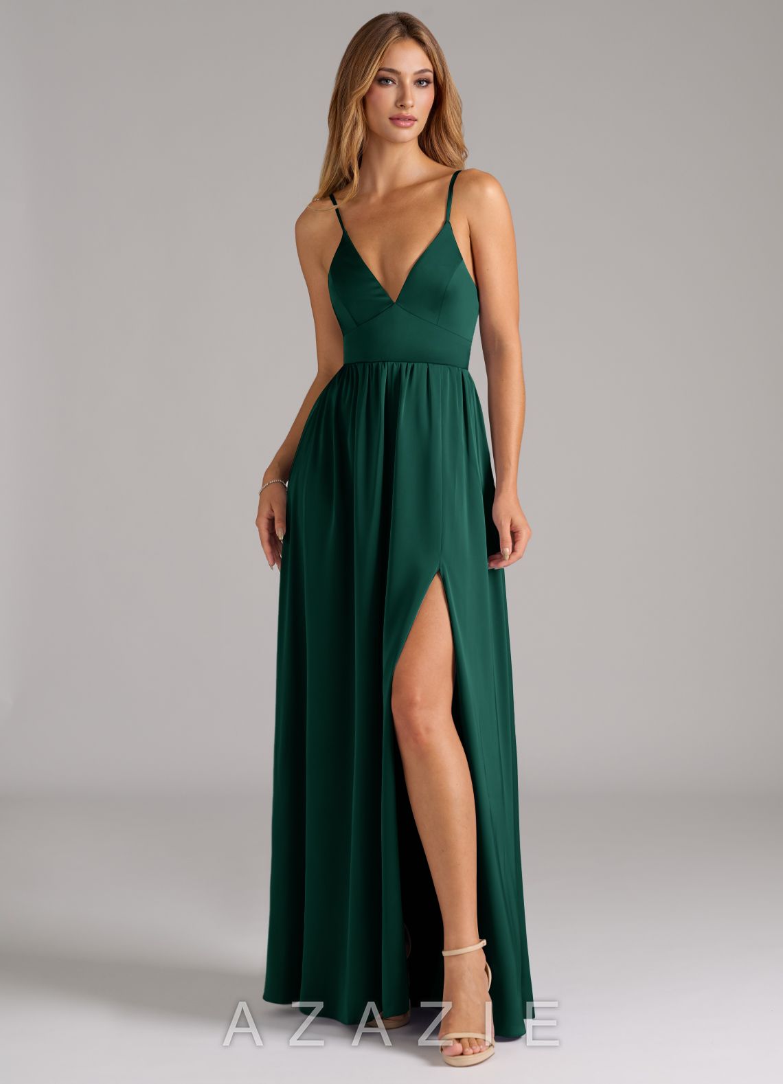 Azazie Aaida Emerald A-Line Corset Stretch Satin Dress emerald