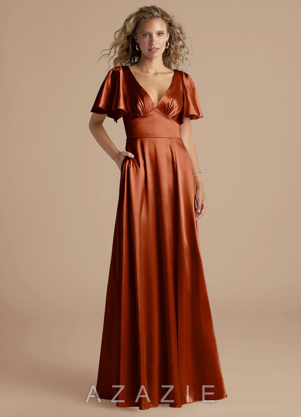 Azazie Kimber Auburn A-Line Ruched Metallic Satin Dress
