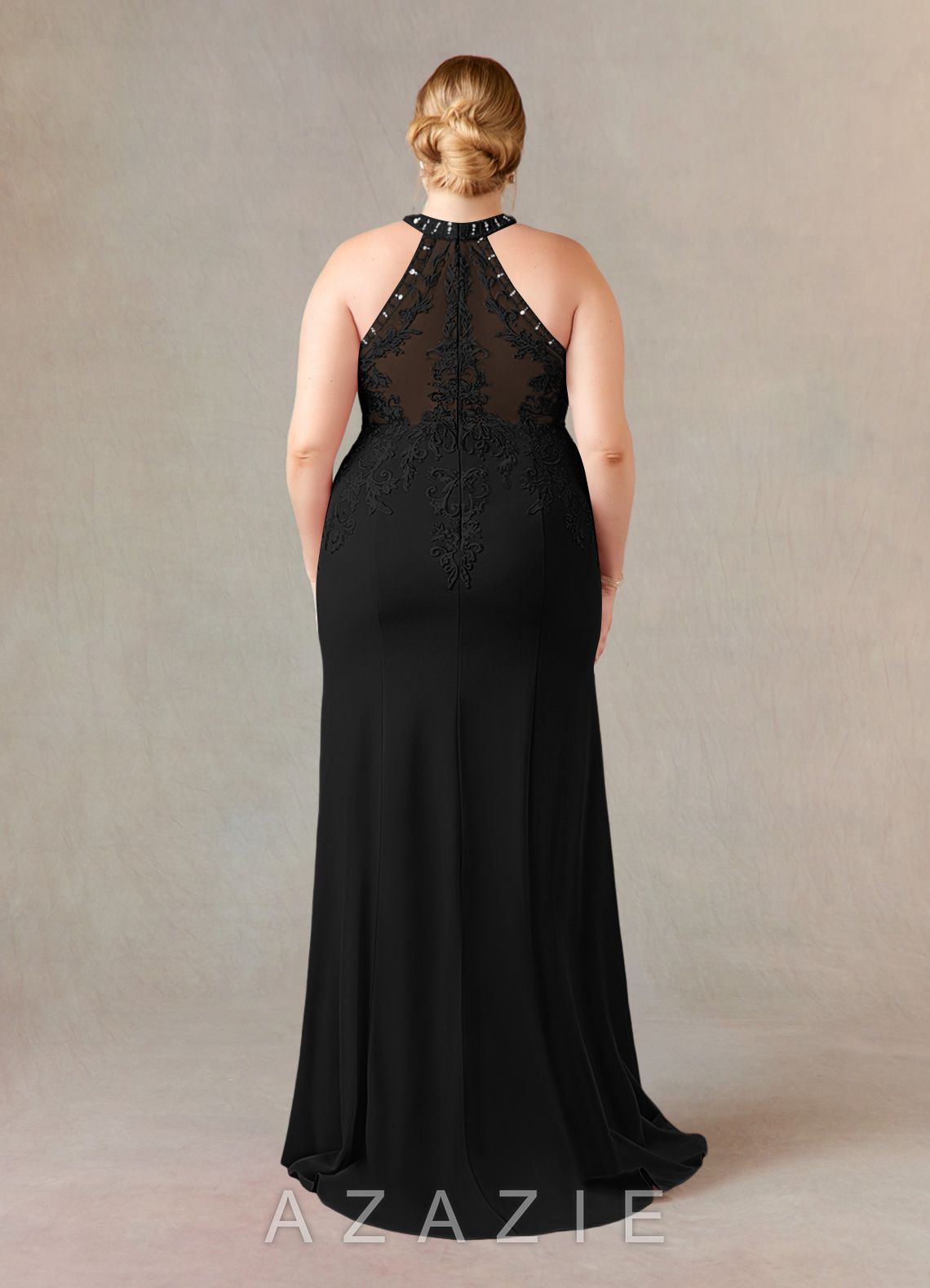 Azazie Tyra Black Mermaid Halter Lace Stretch Crepe Dress black