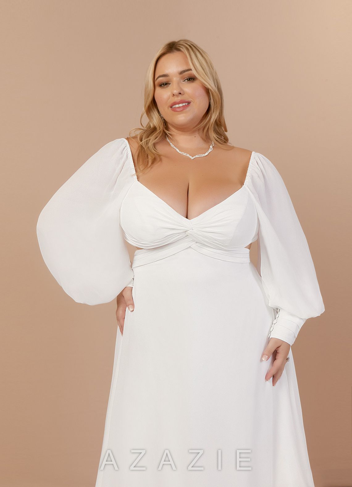 Azazie Delfina Wedding Dress Diamond White A-Line V-Neck Pleated Chiffon Dress diamond_white