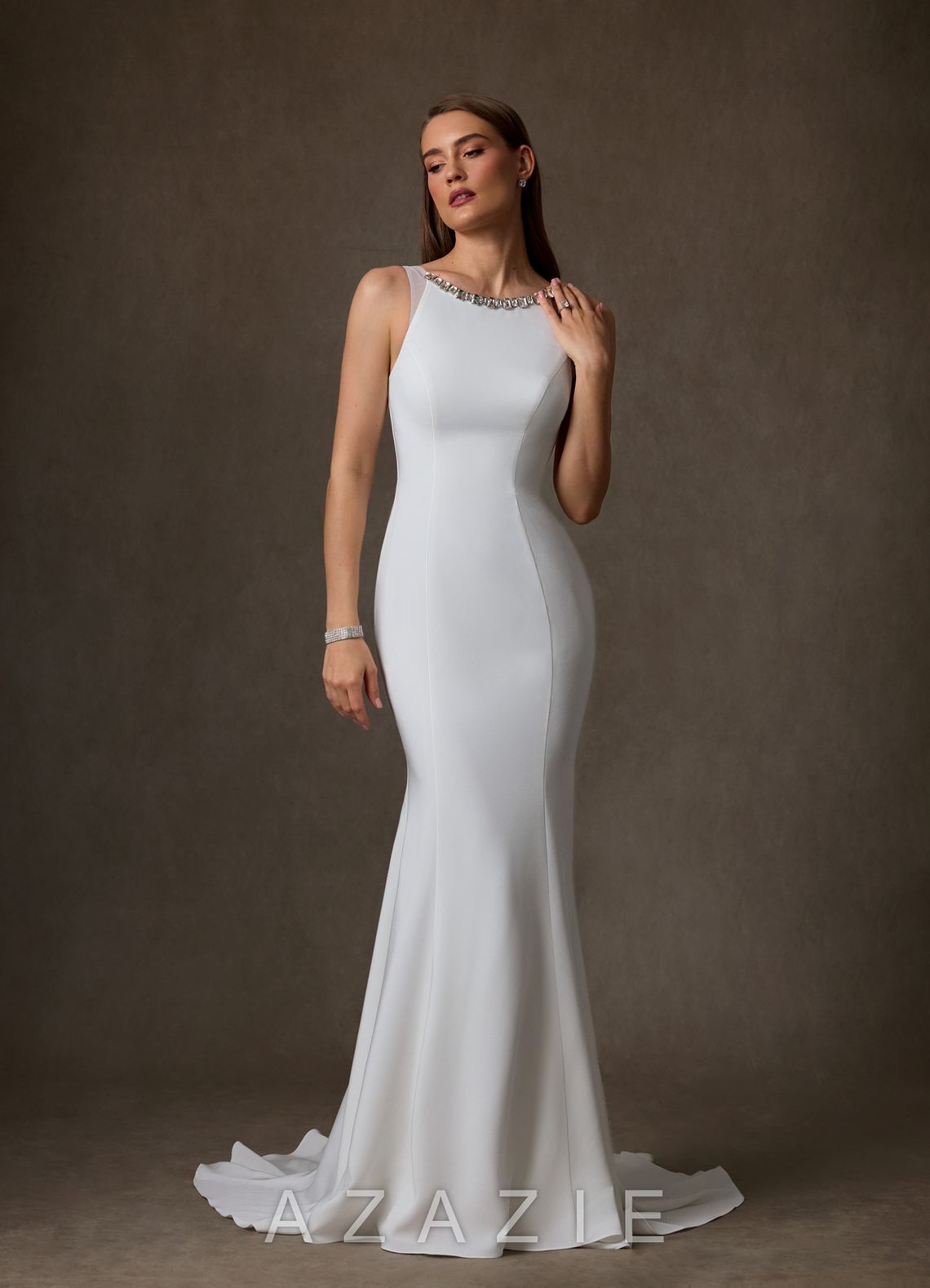 Azazie Naia Diamond White Mermaid Crepe Back Satin Dress