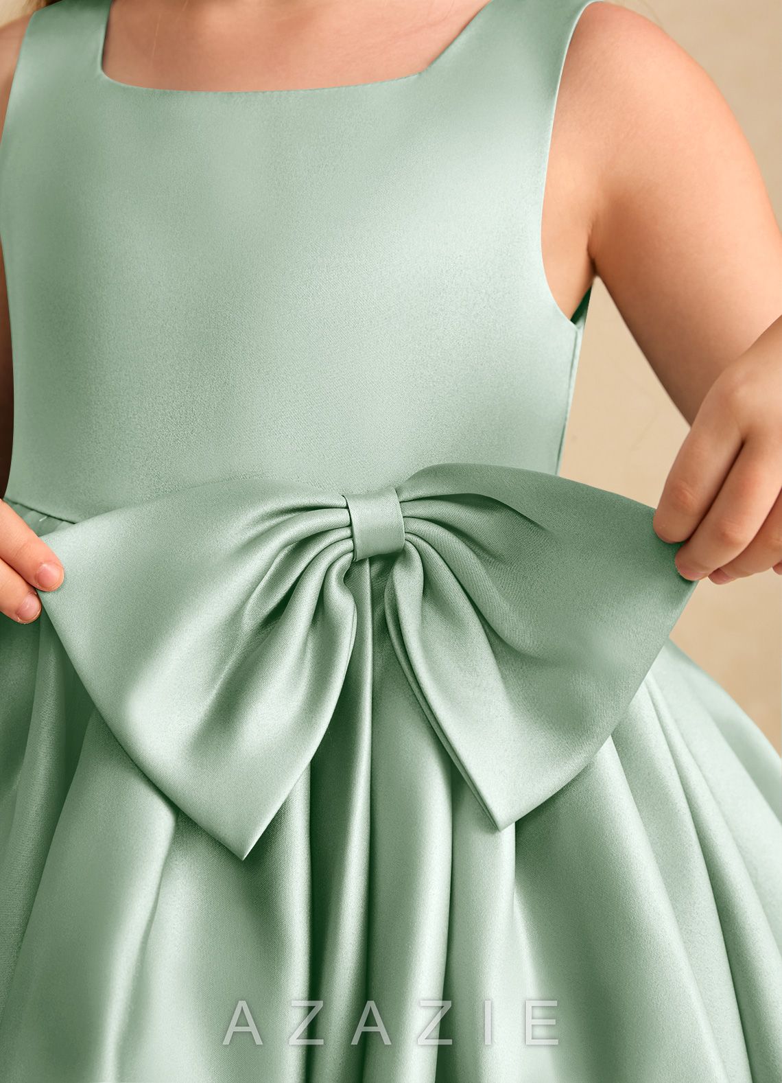 Azazie Jessie Agave A-Line Bow Matte Satin Dress agave