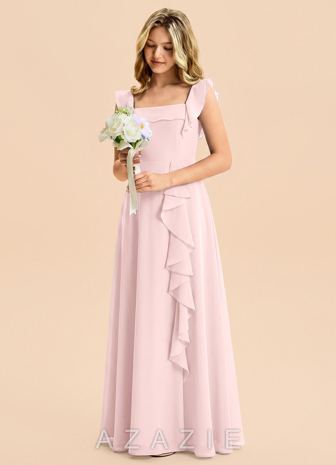 Azazie Nori Junior Blushing Pink A-Line Ruched Chiffon Dress blushing_pink