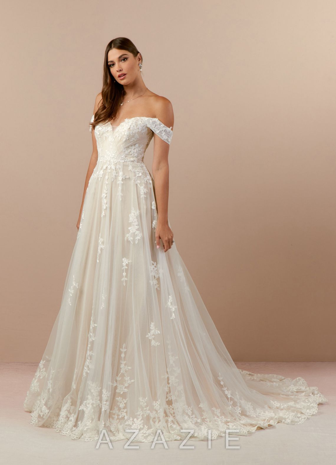 Azazie Botanica Wedding Dress Diamond White Champagne A-Line Off the Shoulder Tulle Dress diamond_white/champagne