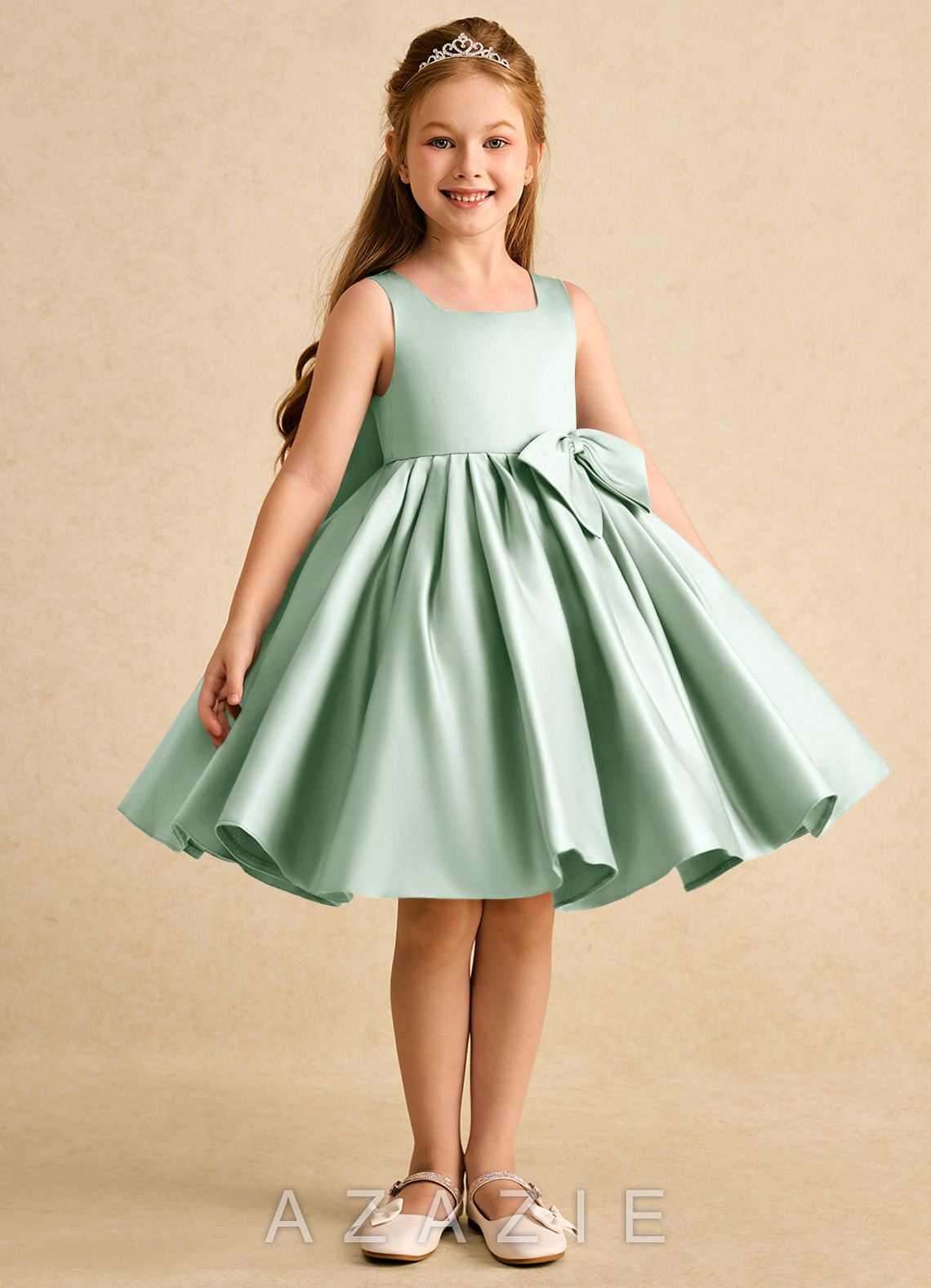 Azazie Jessie Agave A-Line Bow Matte Satin Dress agave