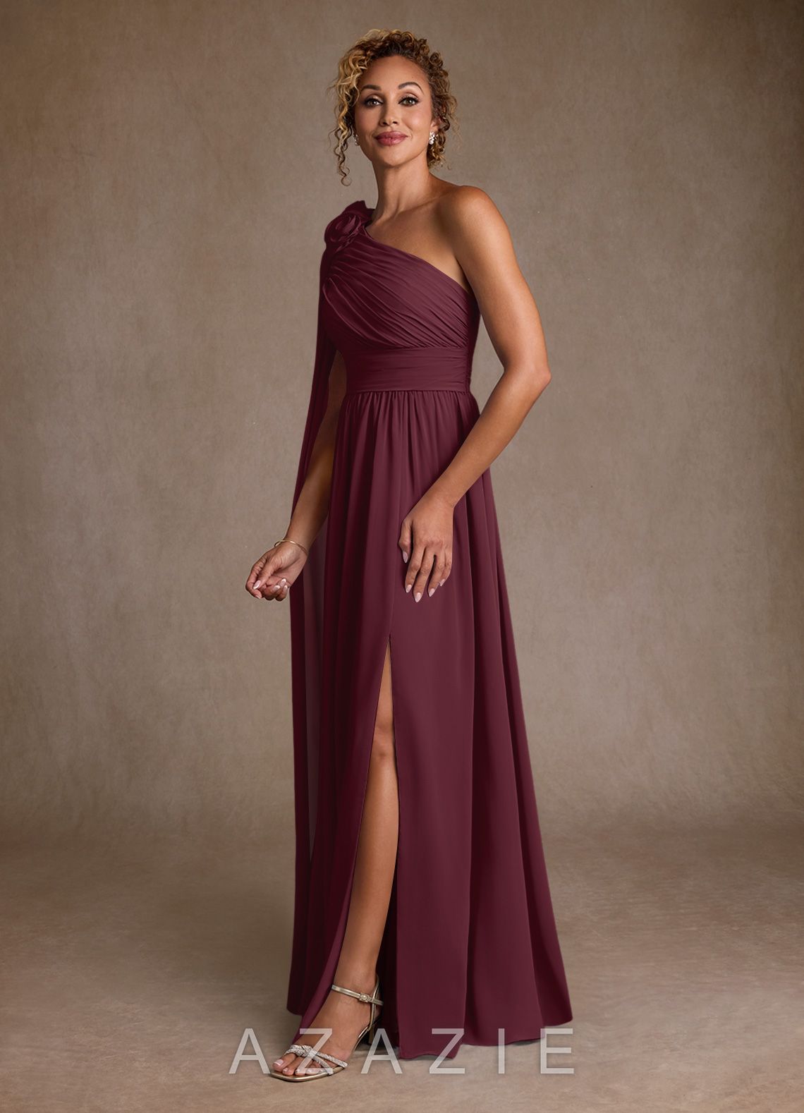 Azazie Lancaster Cabernet A-Line One Shoulder Chiffon Dress cabernet
