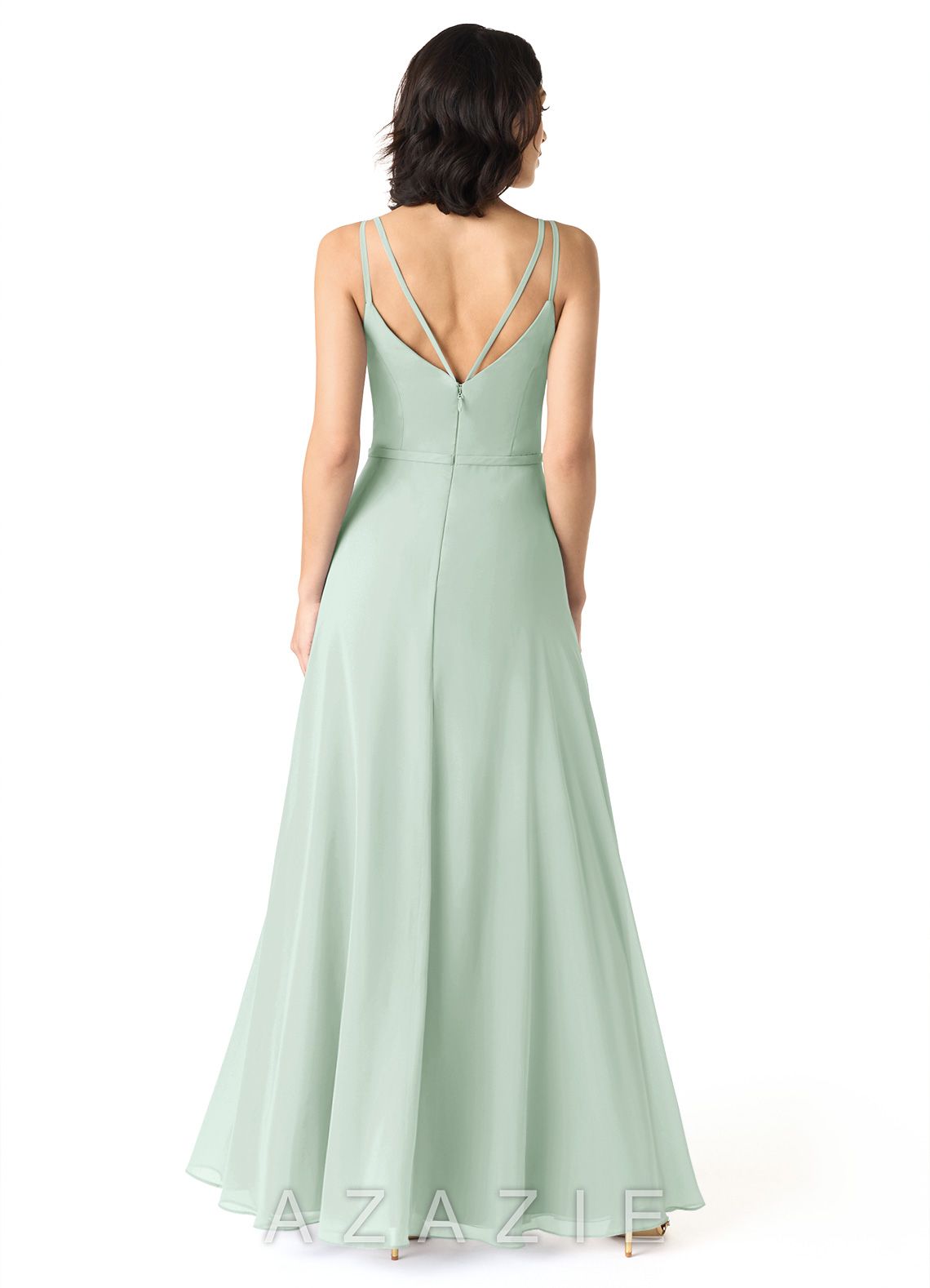 Azazie Janine Agave A-Line V-Neck Chiffon Dress agave