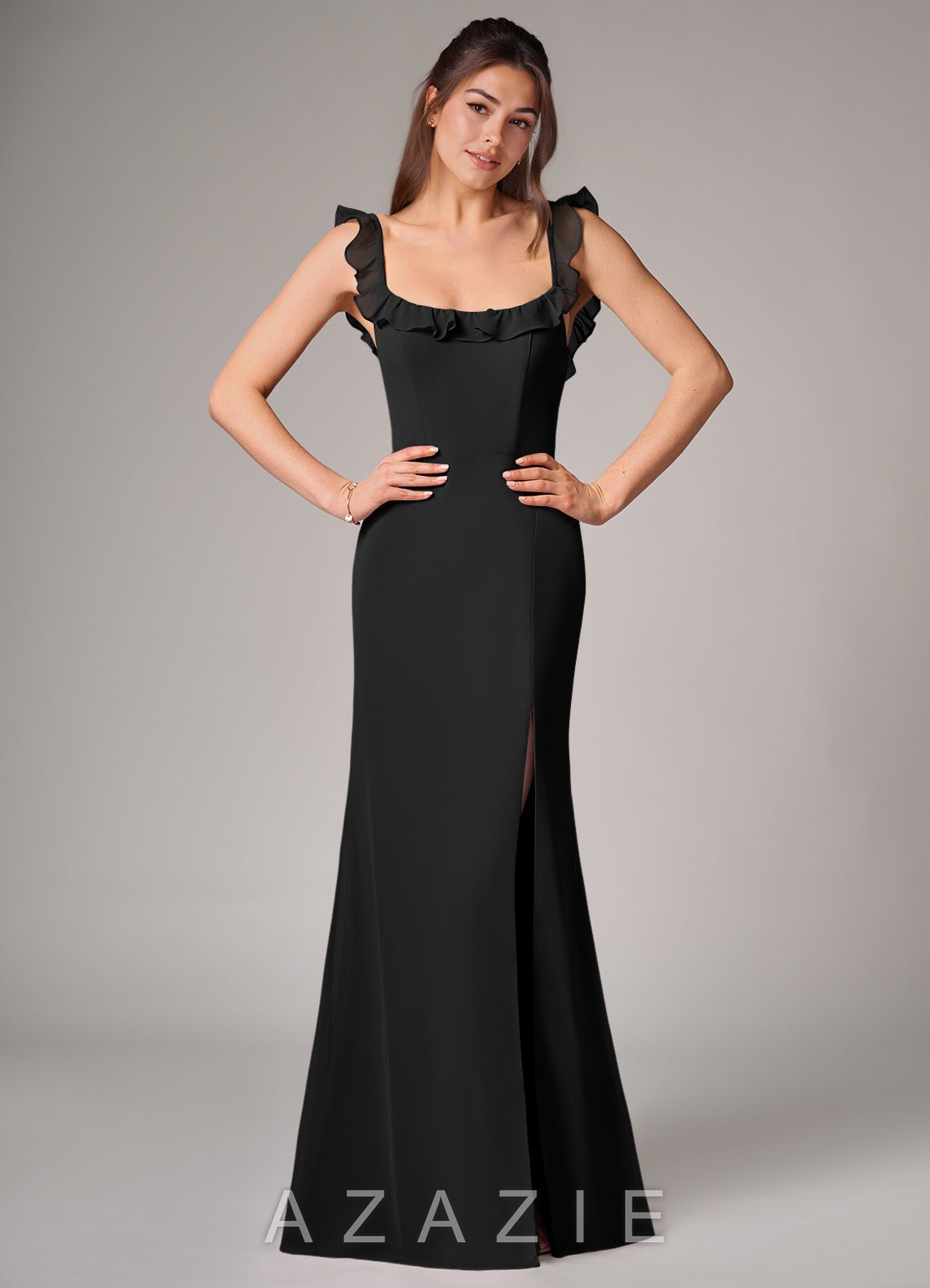 Azazie Callie Black Mermaid Side Slit Chiffon Convertible Dress