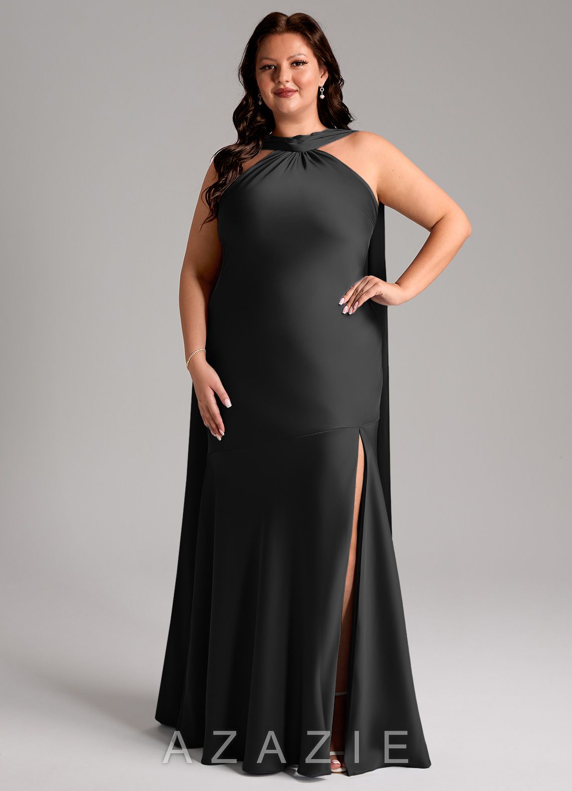 Azazie Kinsley Black Mermaid Side Slit Stretch Satin Dress black