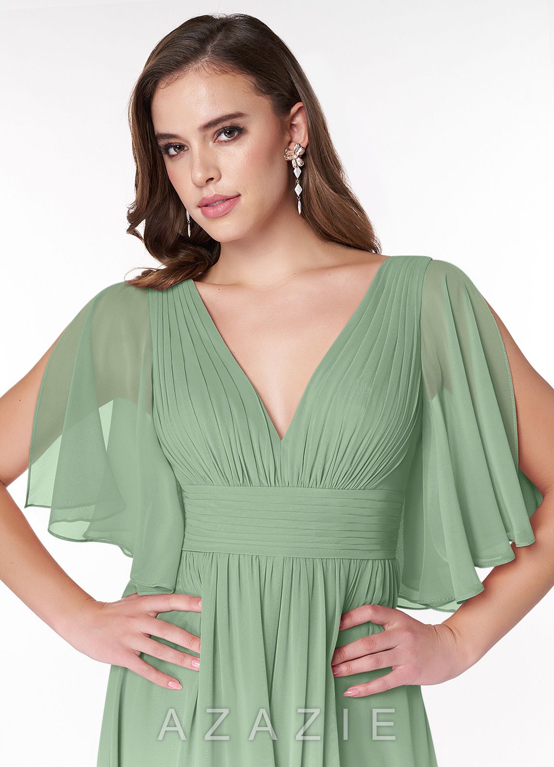 Azazie Temeka Matcha A-Line Ruched Chiffon Dress matcha