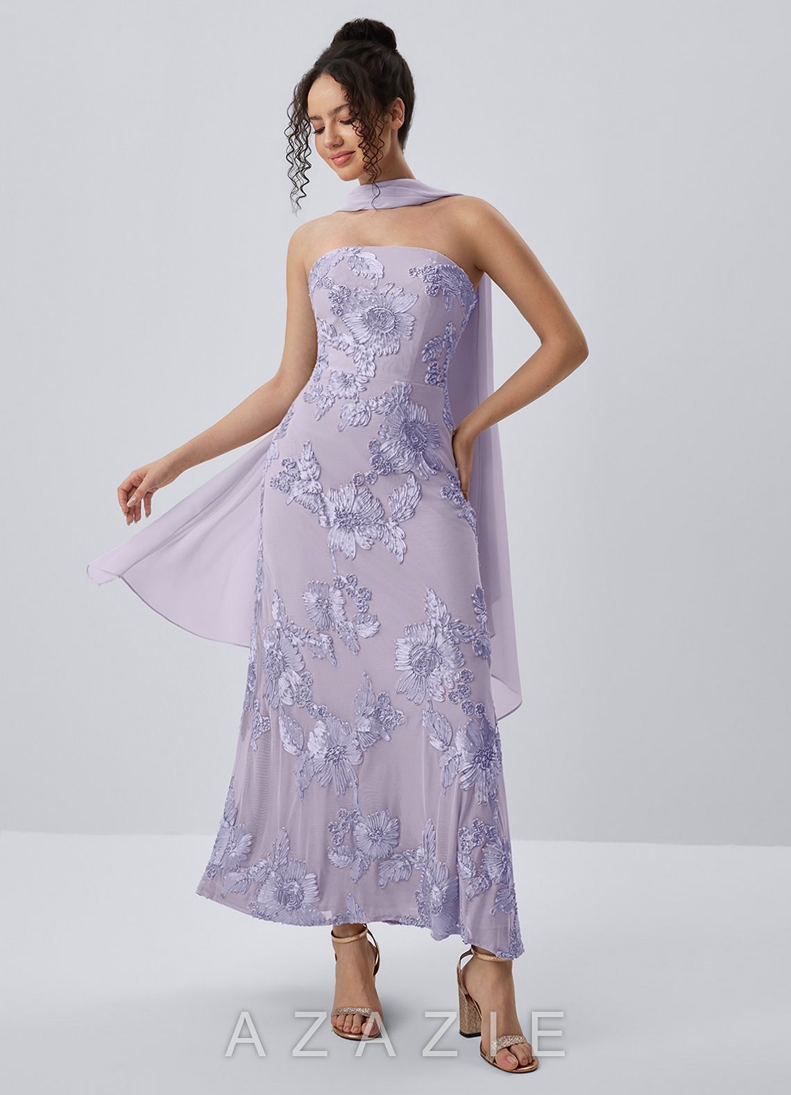 Esperanza Pale Purple Strapless 3D Floral Applique Maxi Dress