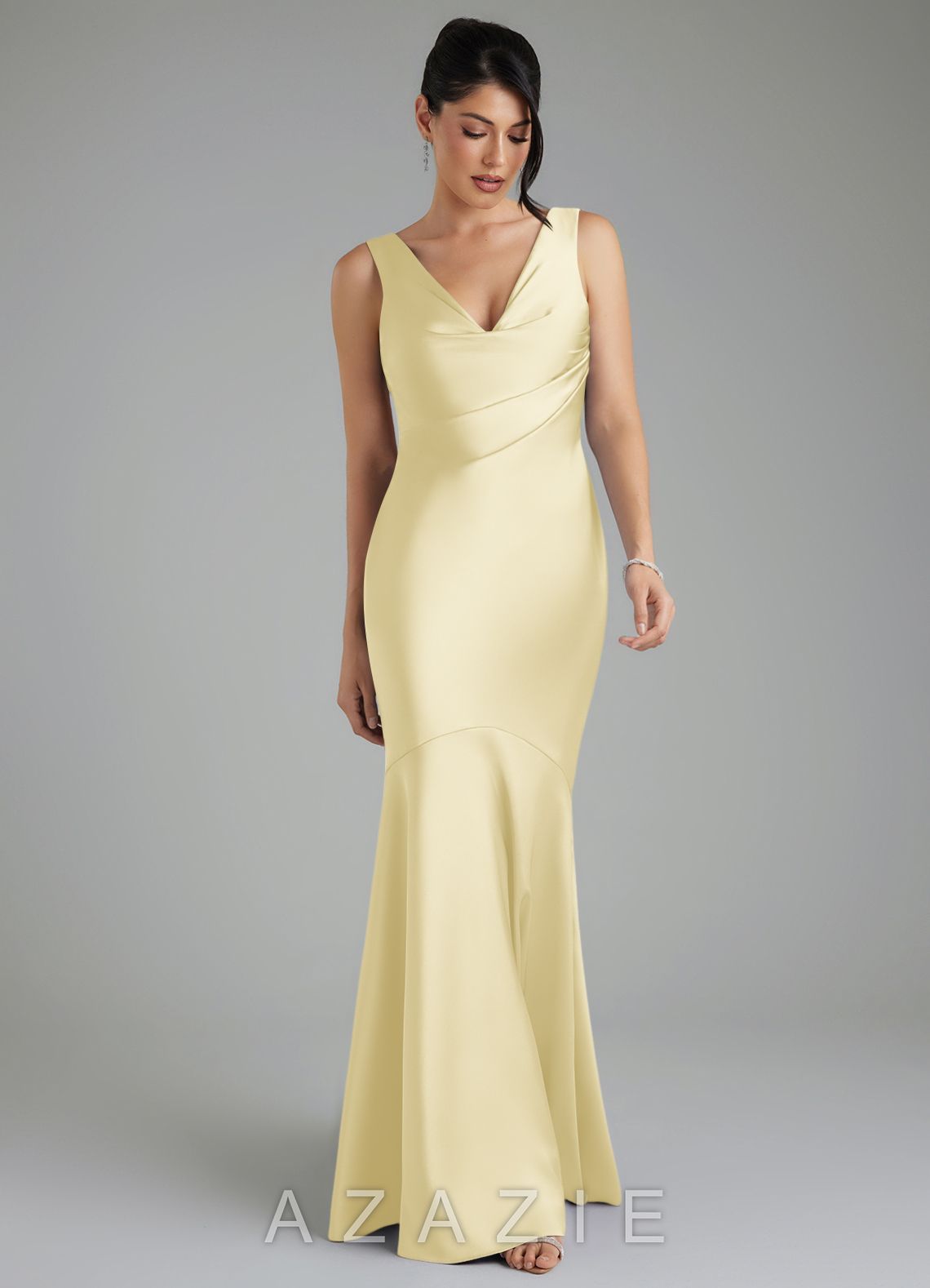 Azazie Monica Lemon Sorbet Mermaid Pleated Stretch Satin Dress lemon_sorbet